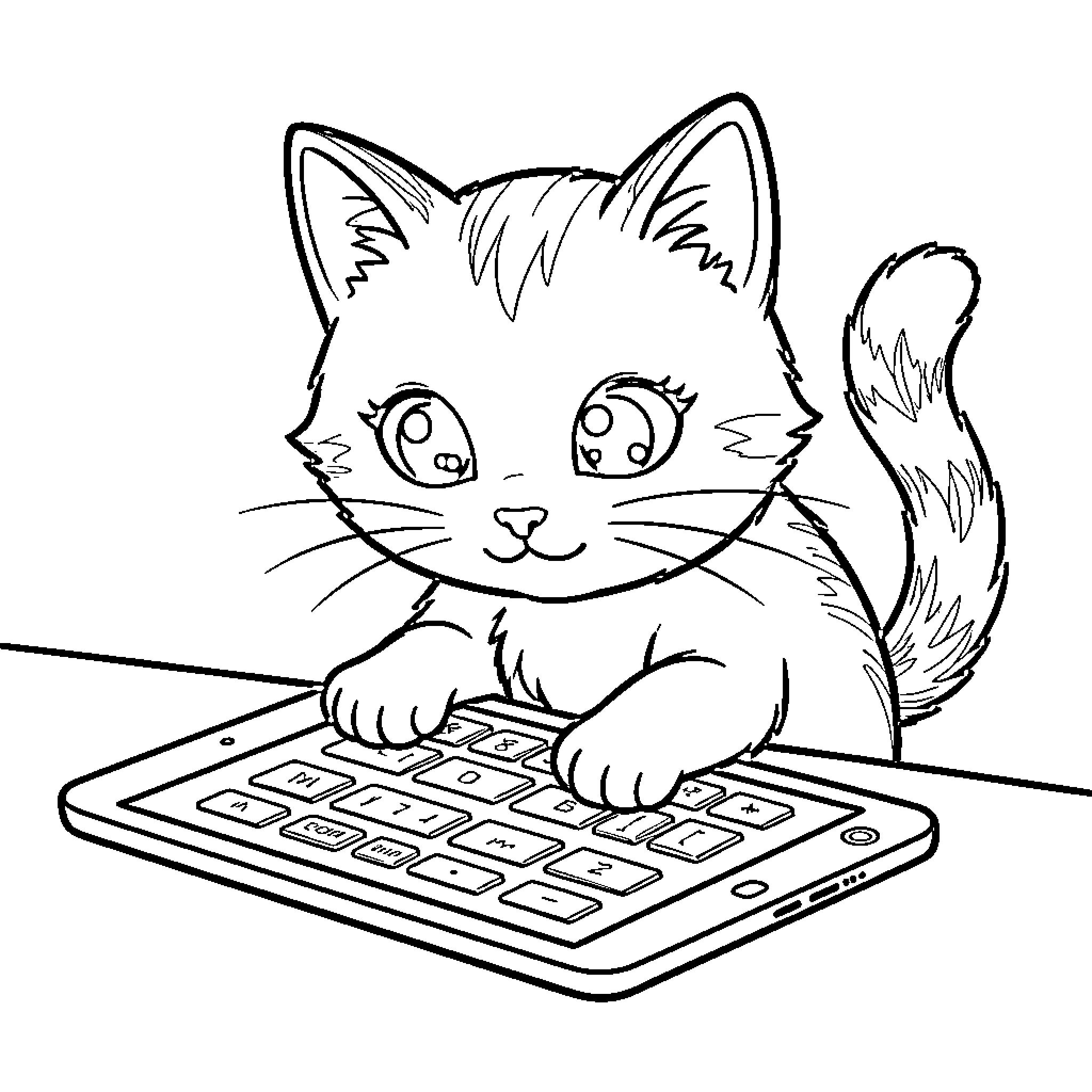 Cat working diligently on a computer keyboard Coloring Page (free black-and-white line drawing printable PDF for all, from beginners to advanced learners, including children, teens, adults, and seniors)