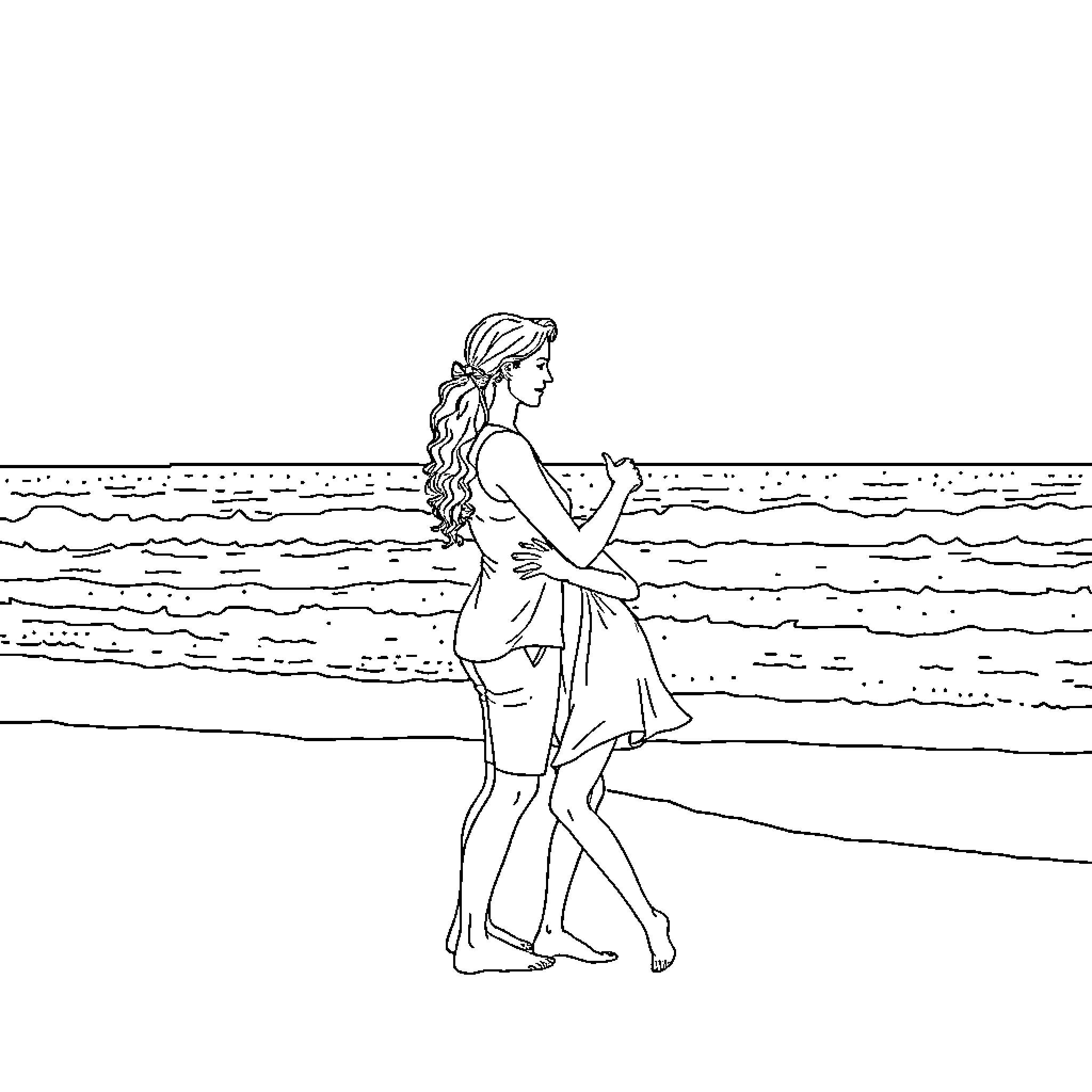 Man and Woman walking along the beach Coloring Page (free black-and-white line drawing printable PDF for all, from beginners to advanced learners, including children, teens, adults, and seniors)
