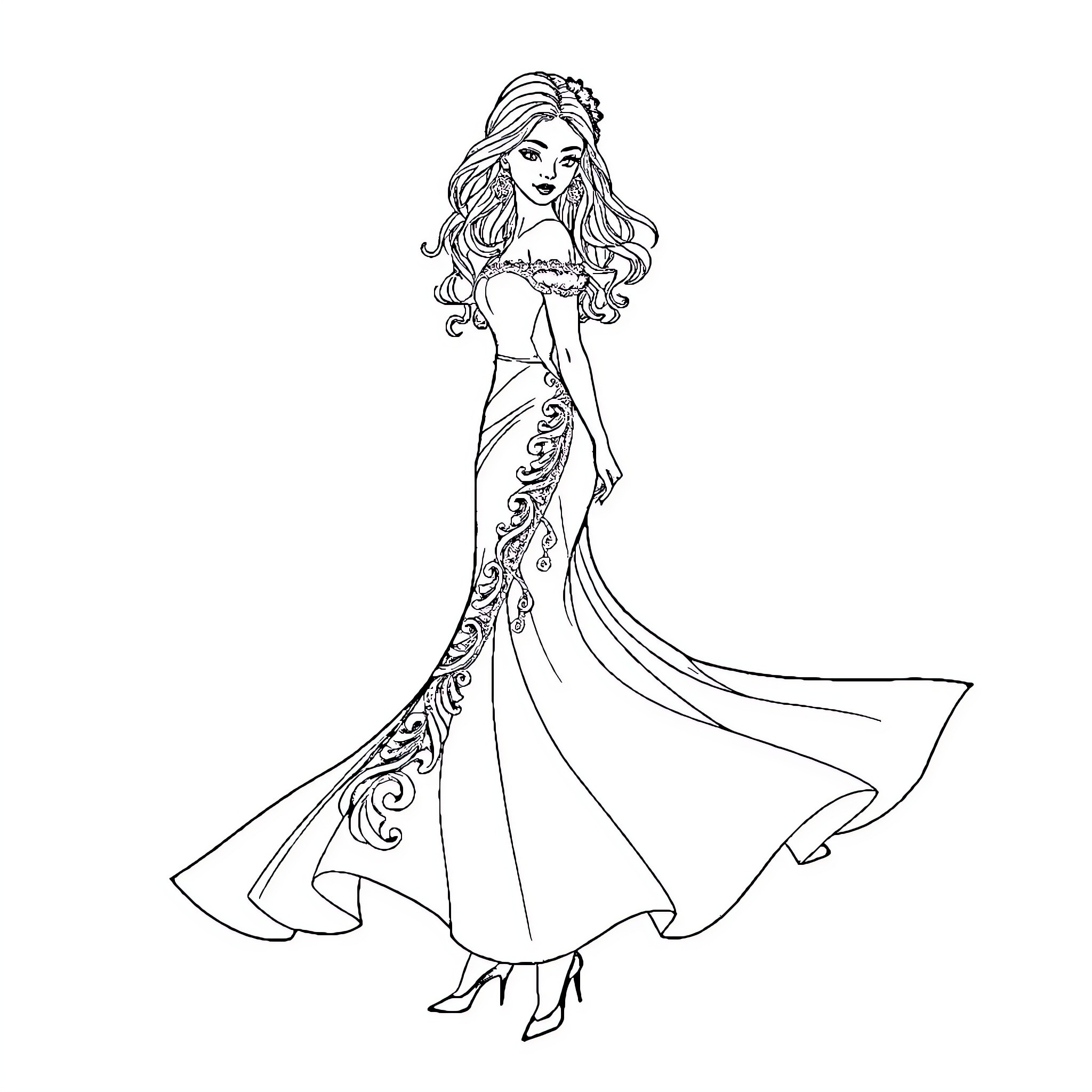 Girl in elegant gown with floral designs Coloring Page (free black-and-white line drawing printable PDF for all, from beginners to advanced learners, including children, teens, adults, and seniors)