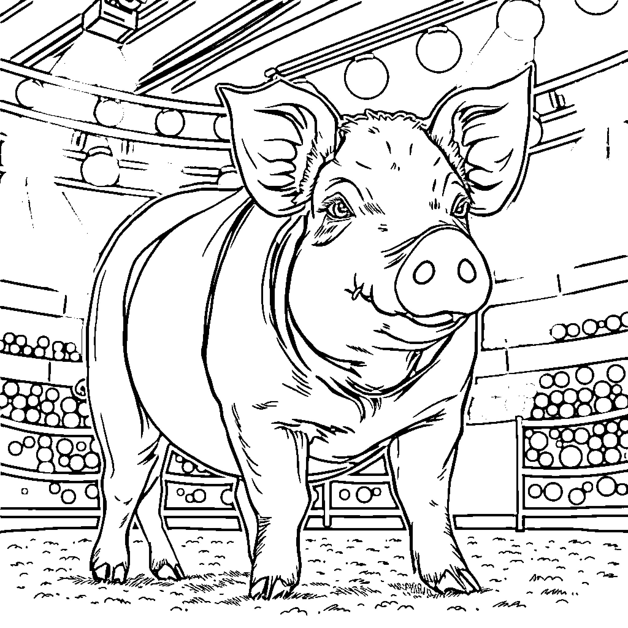 Pig in an exciting environment Coloring Page (free black-and-white line drawing printable PDF for all, from beginners to advanced learners, including children, teens, adults, and seniors)