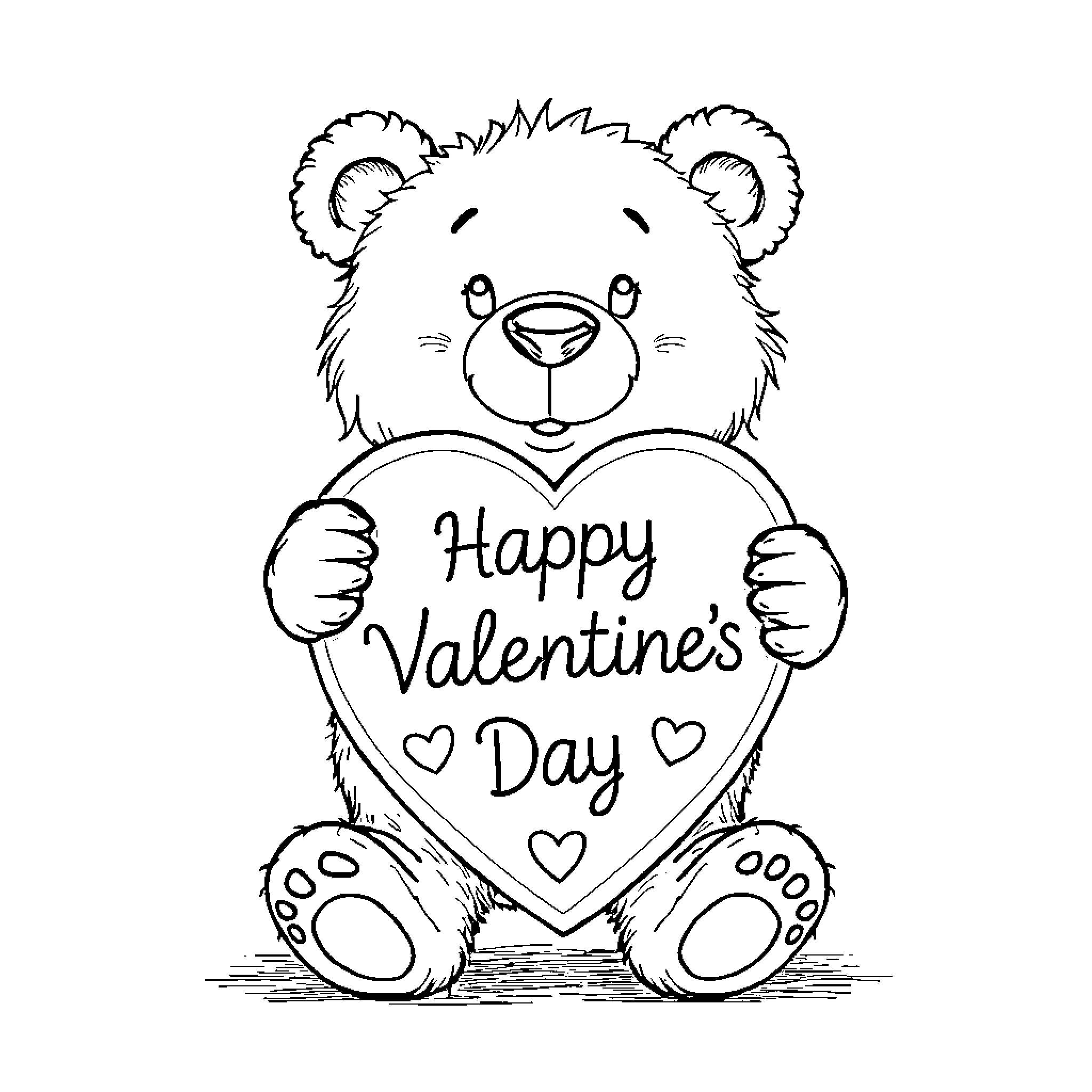 Bear holding Valentine's Day heart Coloring Page (free black-and-white line drawing printable PDF for all, from beginners to advanced learners, including children, teens, adults, and seniors)