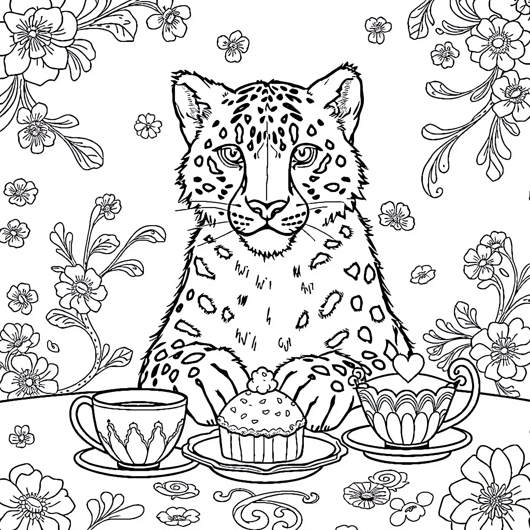 Snow Leopard Enjoying a Floral Tea Party Coloring Page (free black-and-white line drawing printable PDF for all, from beginners to advanced learners, including children, teens, adults, and seniors)