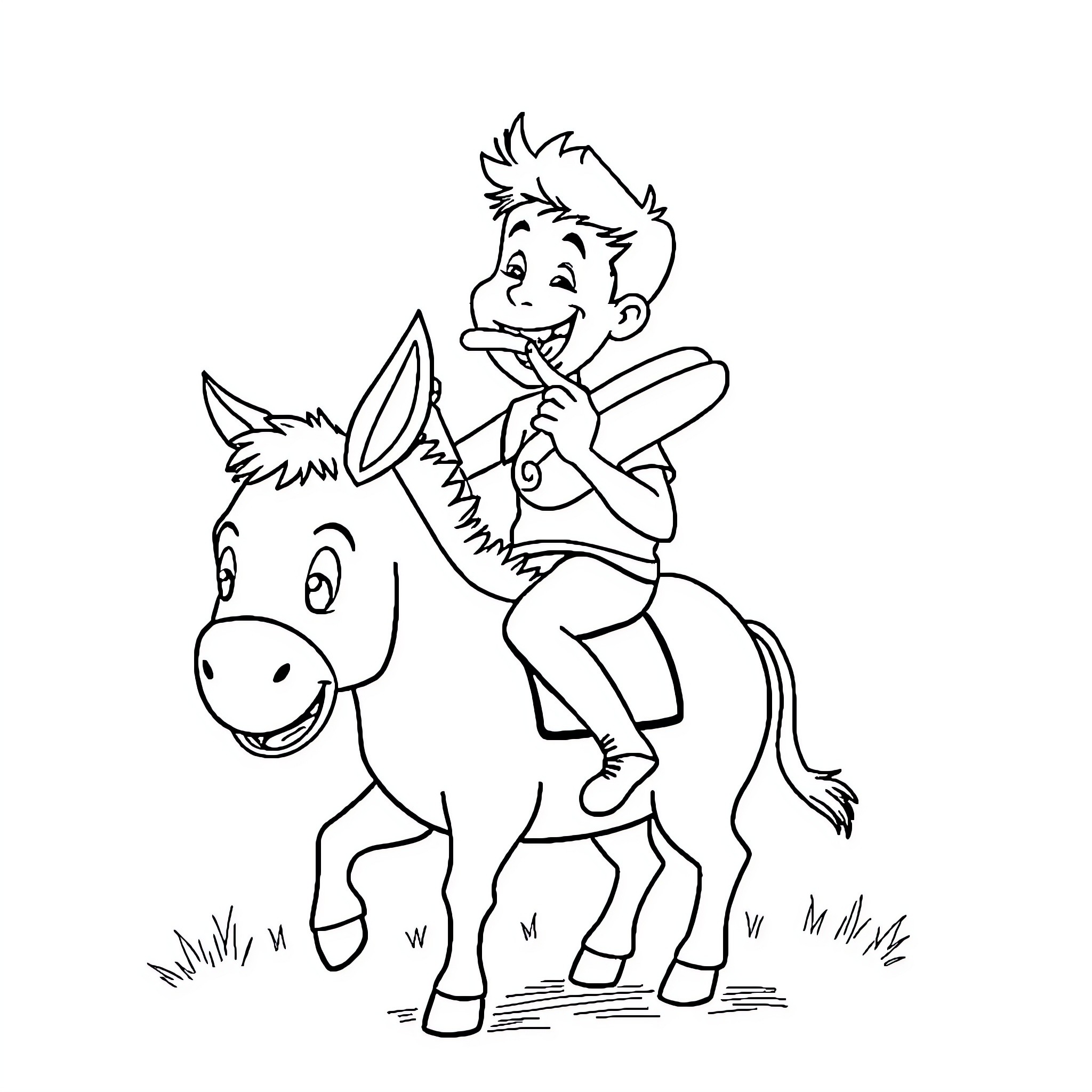 Human riding a happy donkey Coloring Page (free black-and-white line drawing printable PDF for all, from beginners to advanced learners, including children, teens, adults, and seniors)