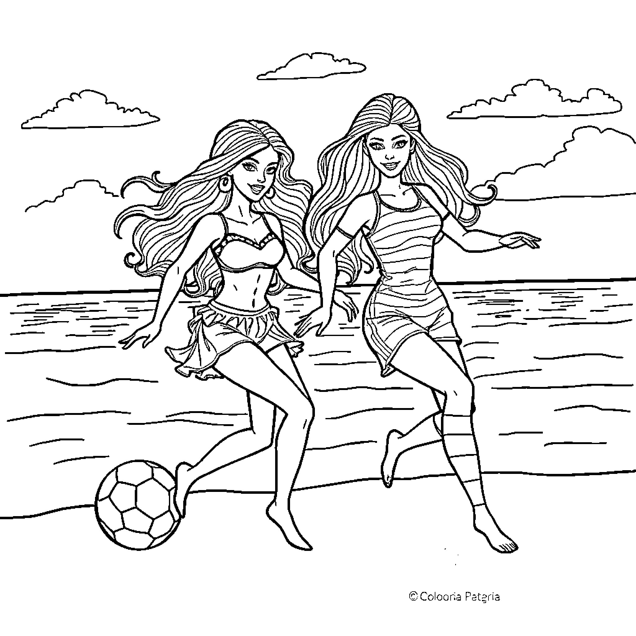 Barbie friends playing soccer on the beach Coloring Page (free black-and-white line drawing printable PDF for all, from beginners to advanced learners, including children, teens, adults, and seniors)