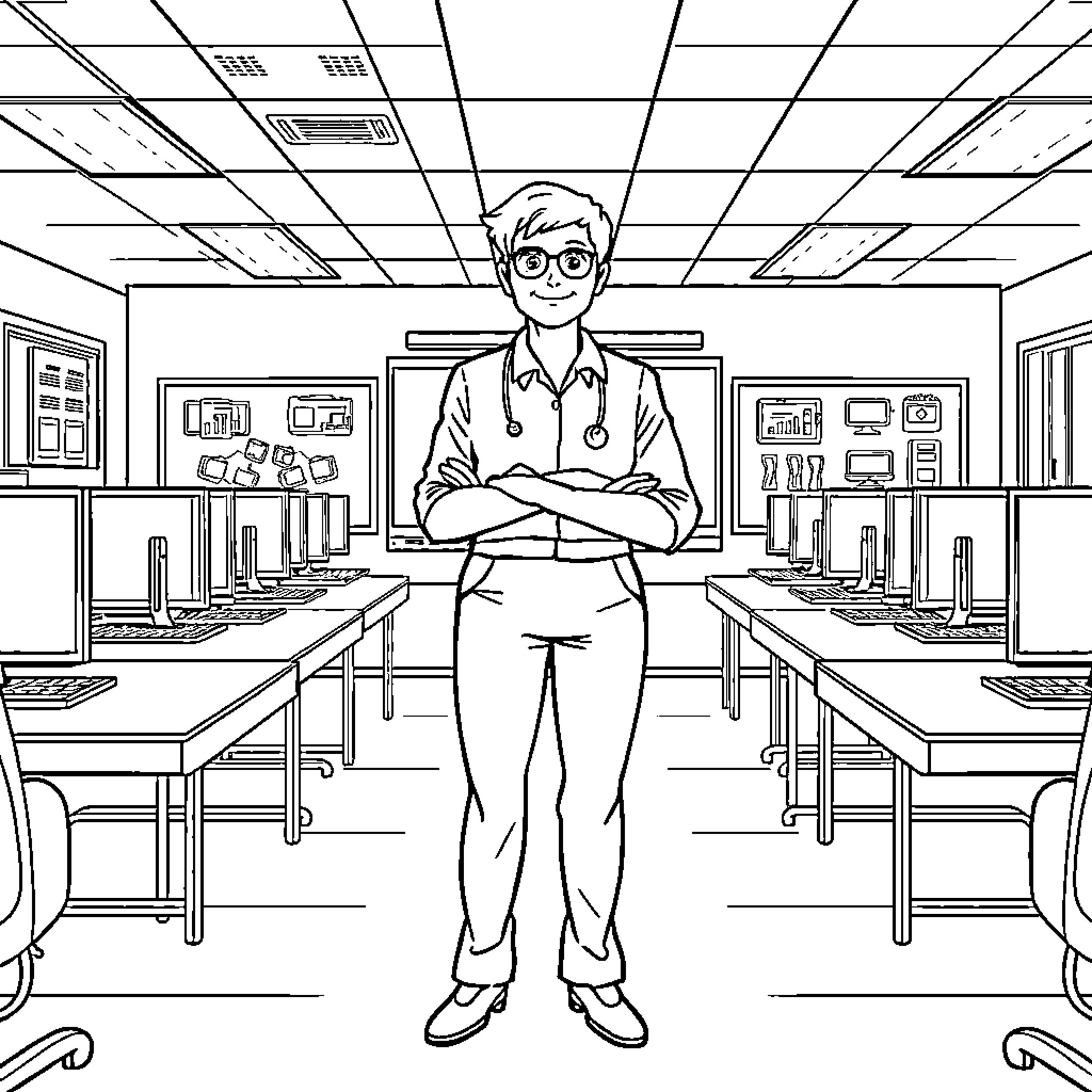 Teacher in an educational classroom setting Coloring Page (free black-and-white line drawing printable PDF for all, from beginners to advanced learners, including children, teens, adults, and seniors)