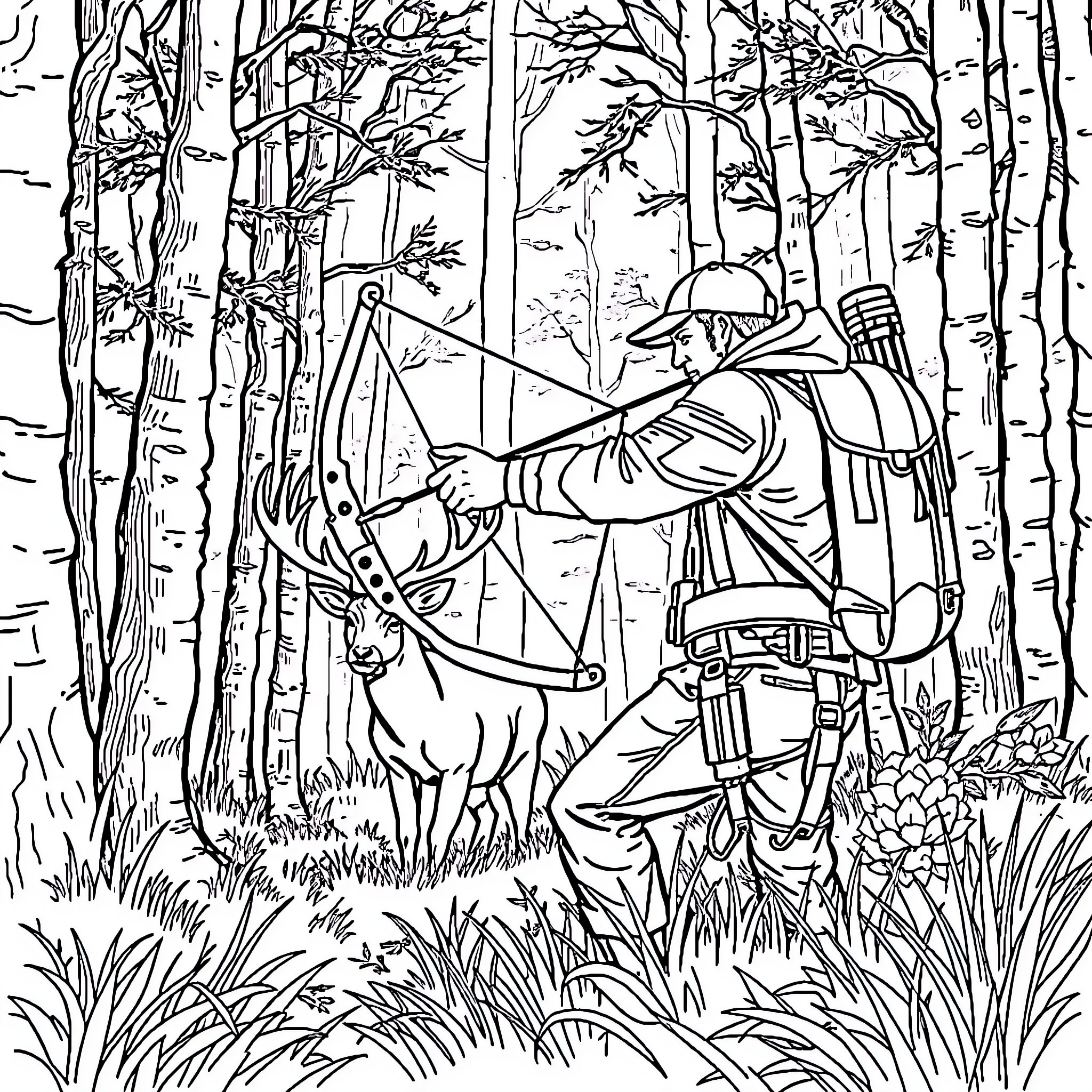 Man hunting in the dense forest with bow and arrow Coloring Page (free black-and-white line drawing printable PDF for all, from beginners to advanced learners, including children, teens, adults, and seniors)