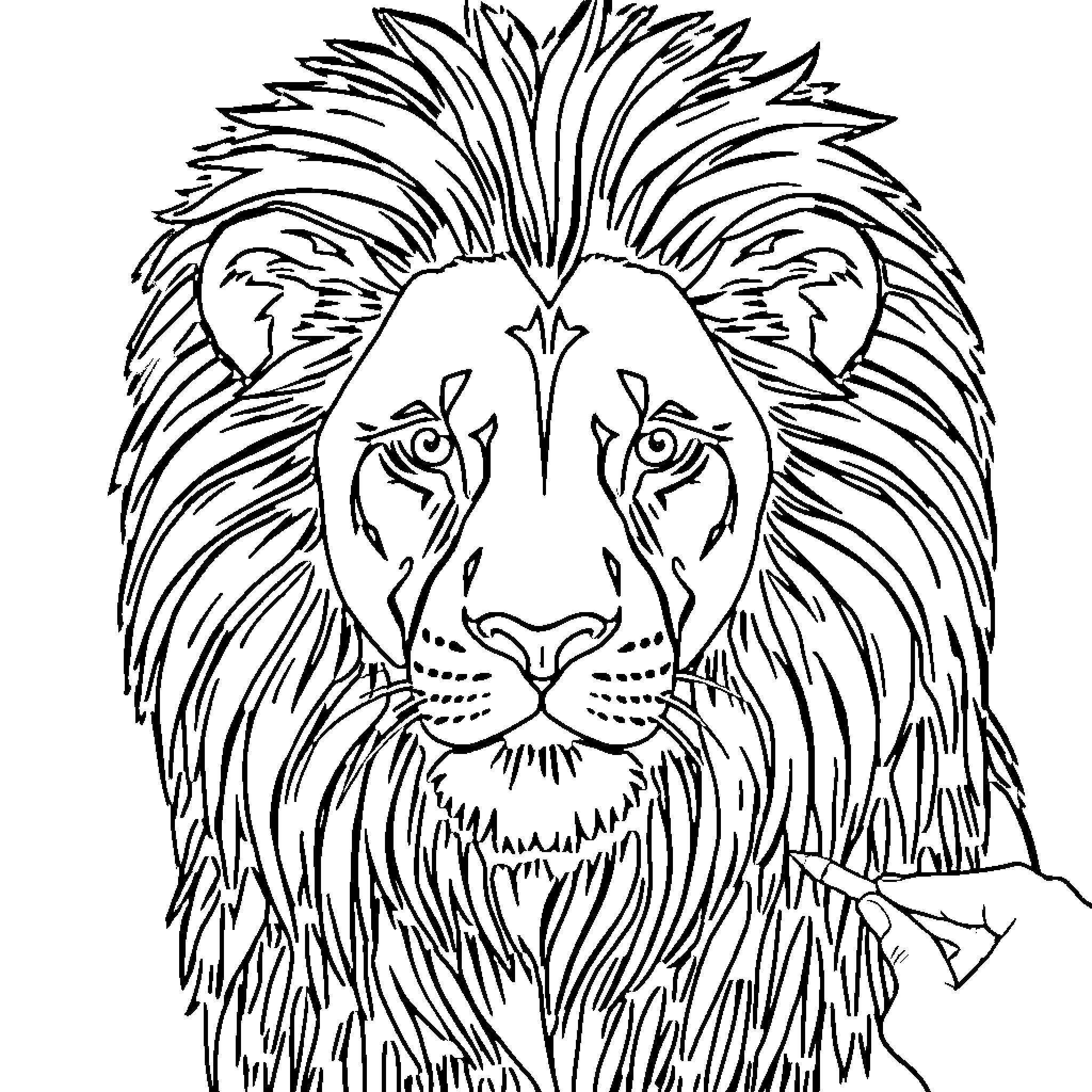 Lion with Intense Gaze Coloring Page (free black-and-white line drawing printable PDF for all, from beginners to advanced learners, including children, teens, adults, and seniors)
