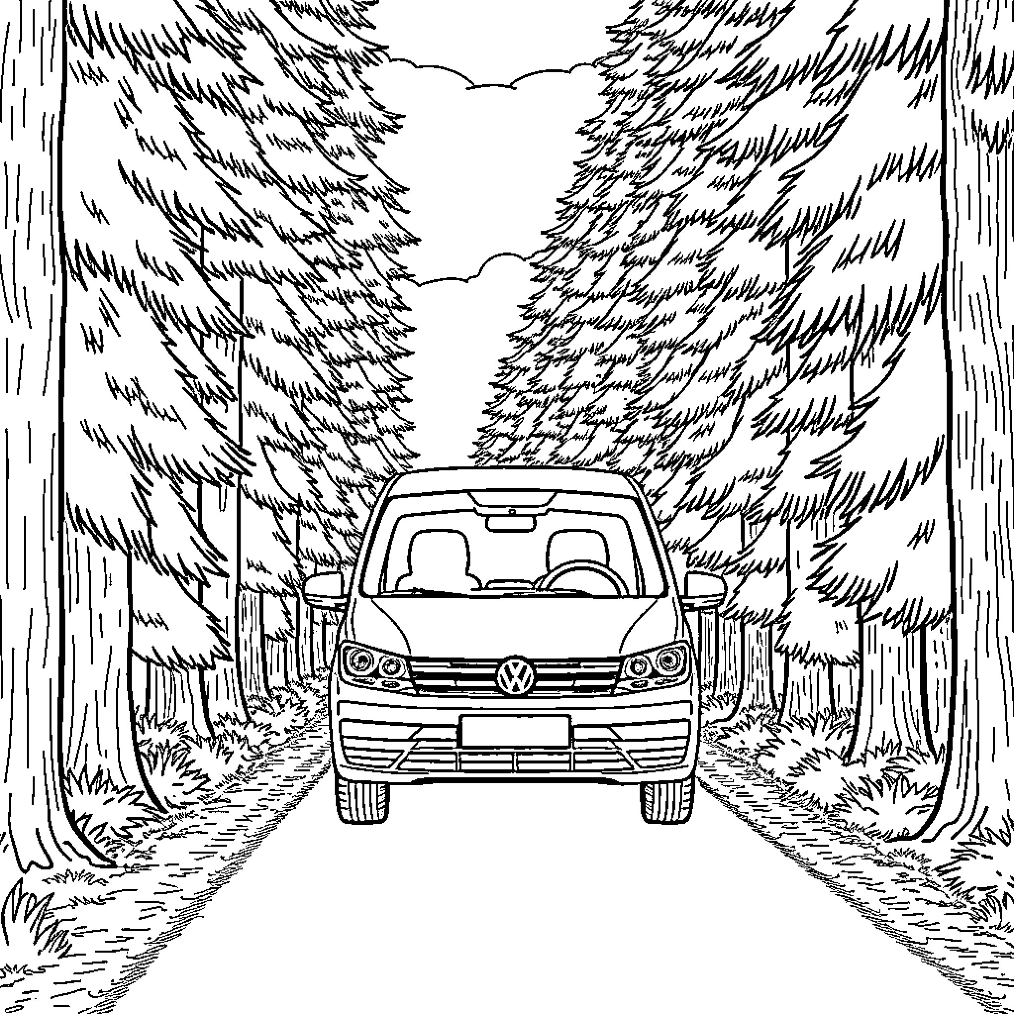 VW Caddy driving through forest path Coloring Page (free black-and-white line drawing printable PDF for all, from beginners to advanced learners, including children, teens, adults, and seniors)