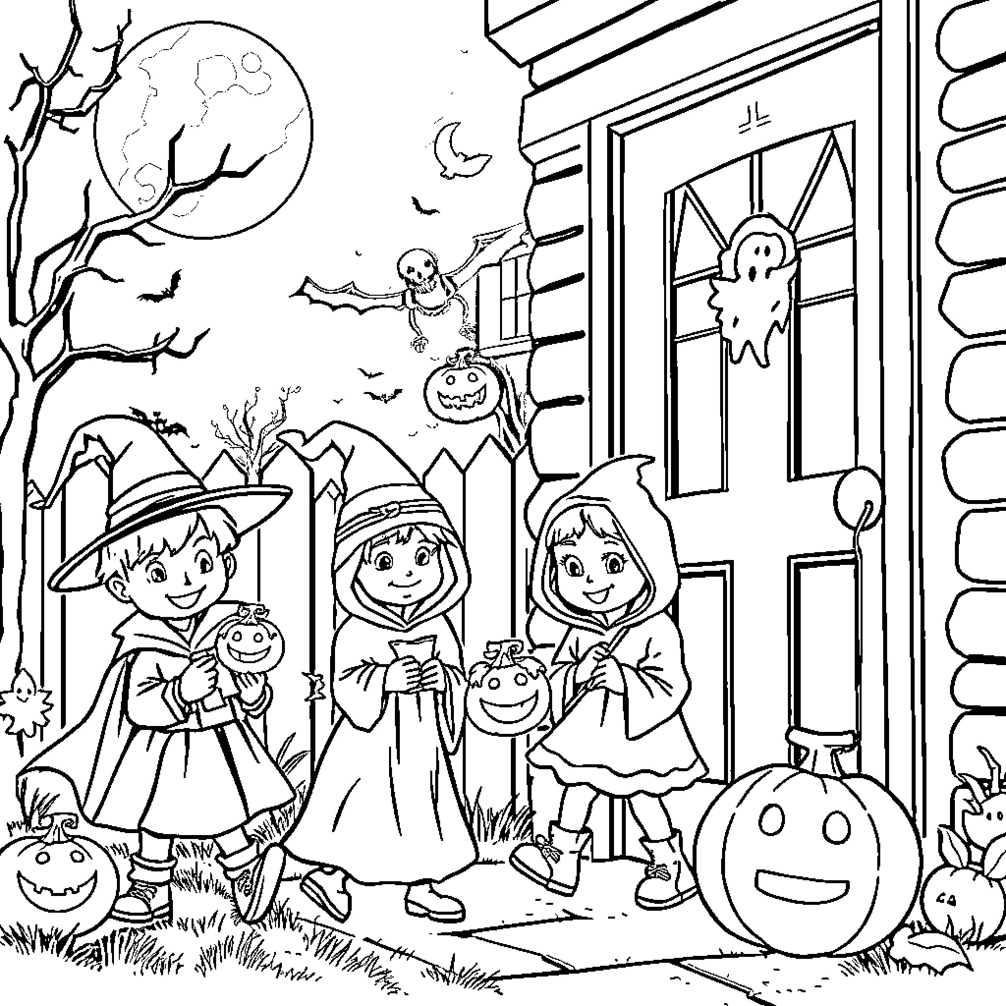 Halloween costumes and trick-or-treating Coloring Page (free black-and-white line drawing printable PDF for all, from beginners to advanced learners, including children, teens, adults, and seniors)