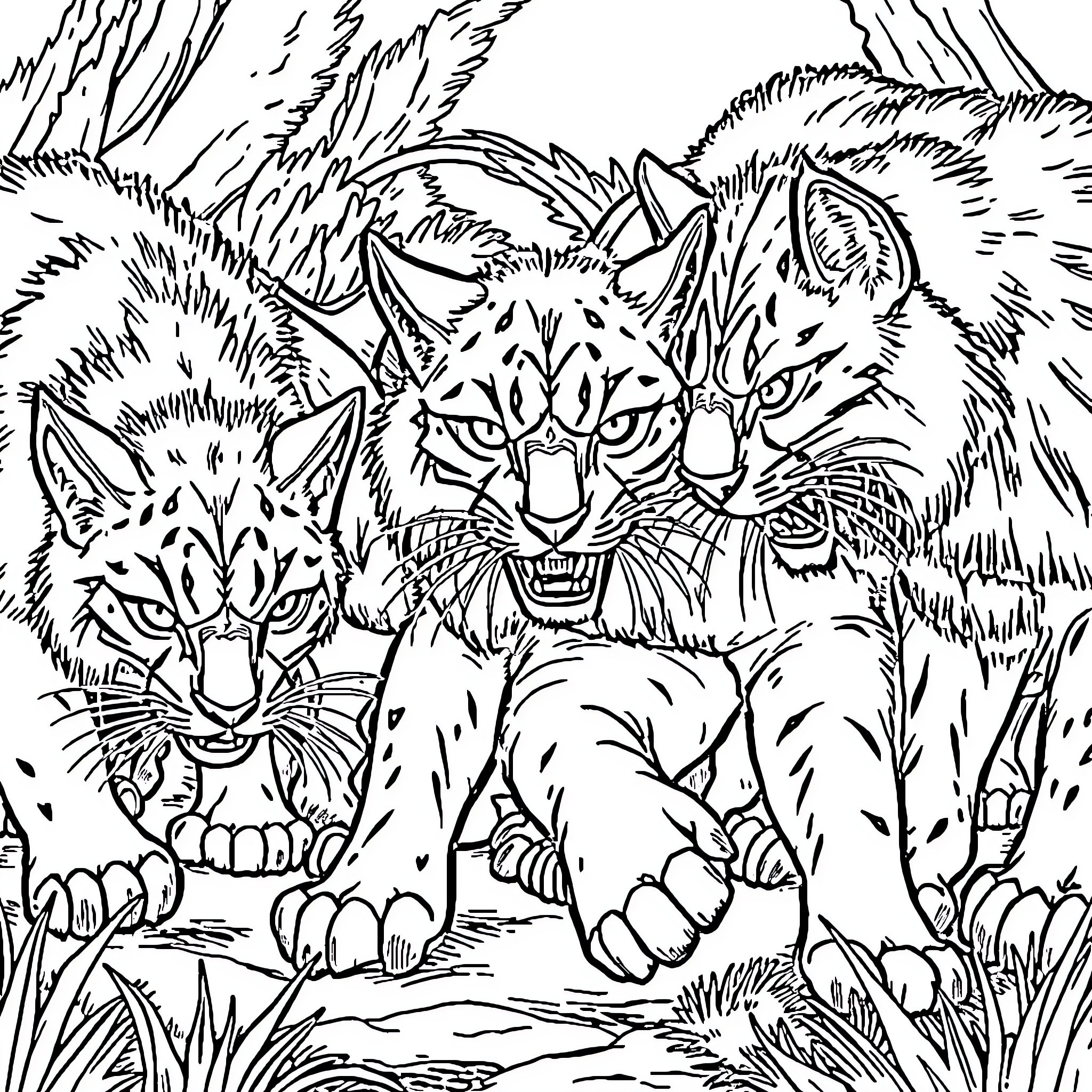 Warrior Cats Fiercely Defending Their Territory Coloring Page (free black-and-white line drawing printable PDF for all, from beginners to advanced learners, including children, teens, adults, and seniors)