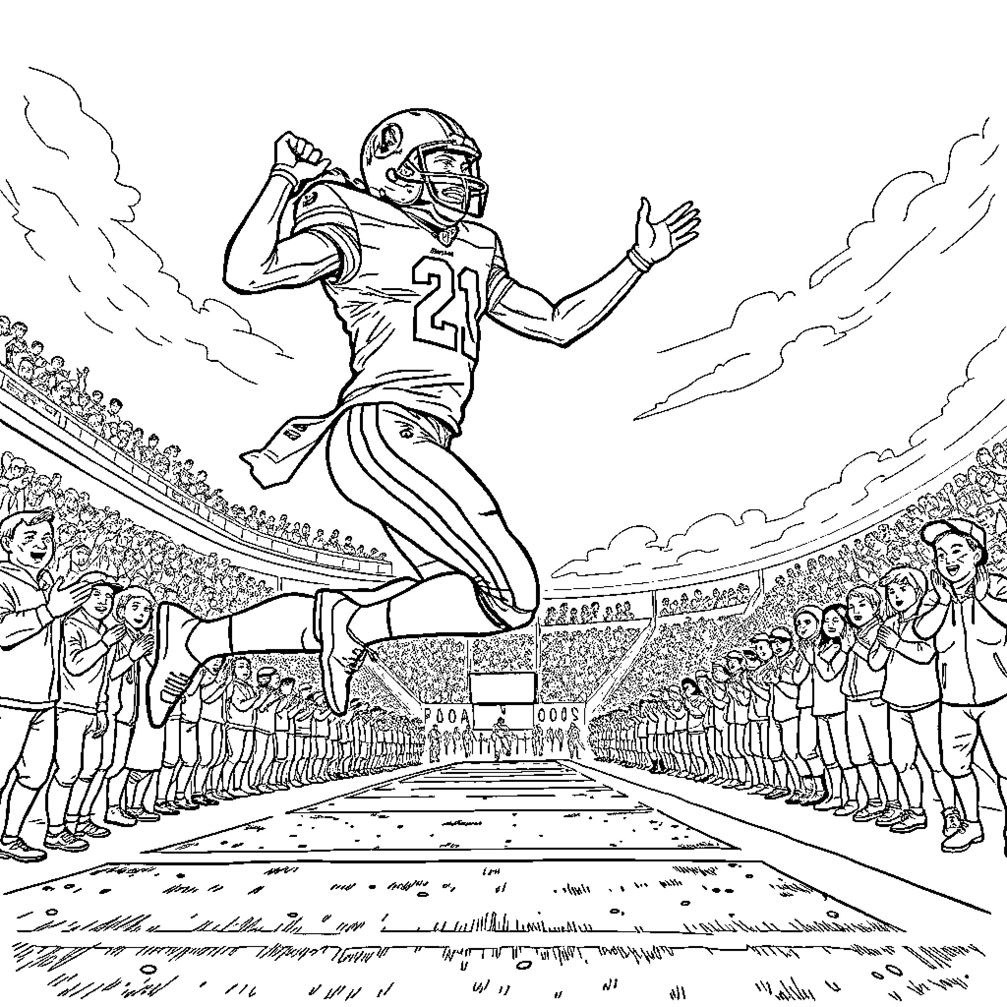 Robert Griffin III Sprinting Triumphantly on the Field Coloring Page (free black-and-white line drawing printable PDF for all, from beginners to advanced learners, including children, teens, adults, and seniors)