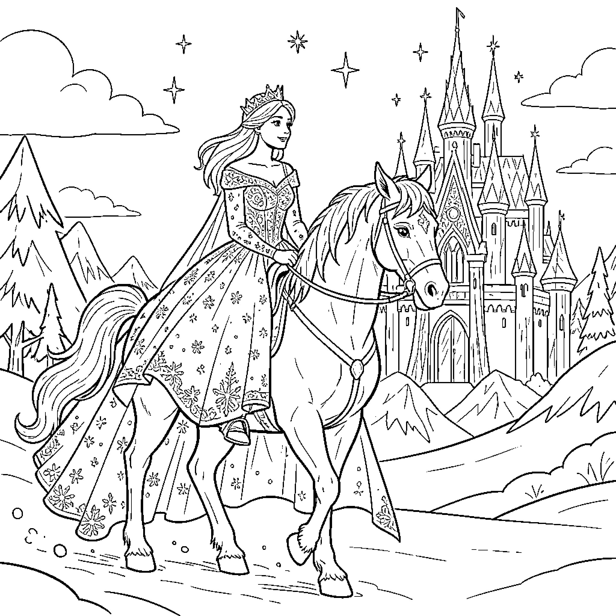Princess Exploring the Magical Landscape Coloring Page (free black-and-white line drawing printable PDF for all, from beginners to advanced learners, including children, teens, adults, and seniors)