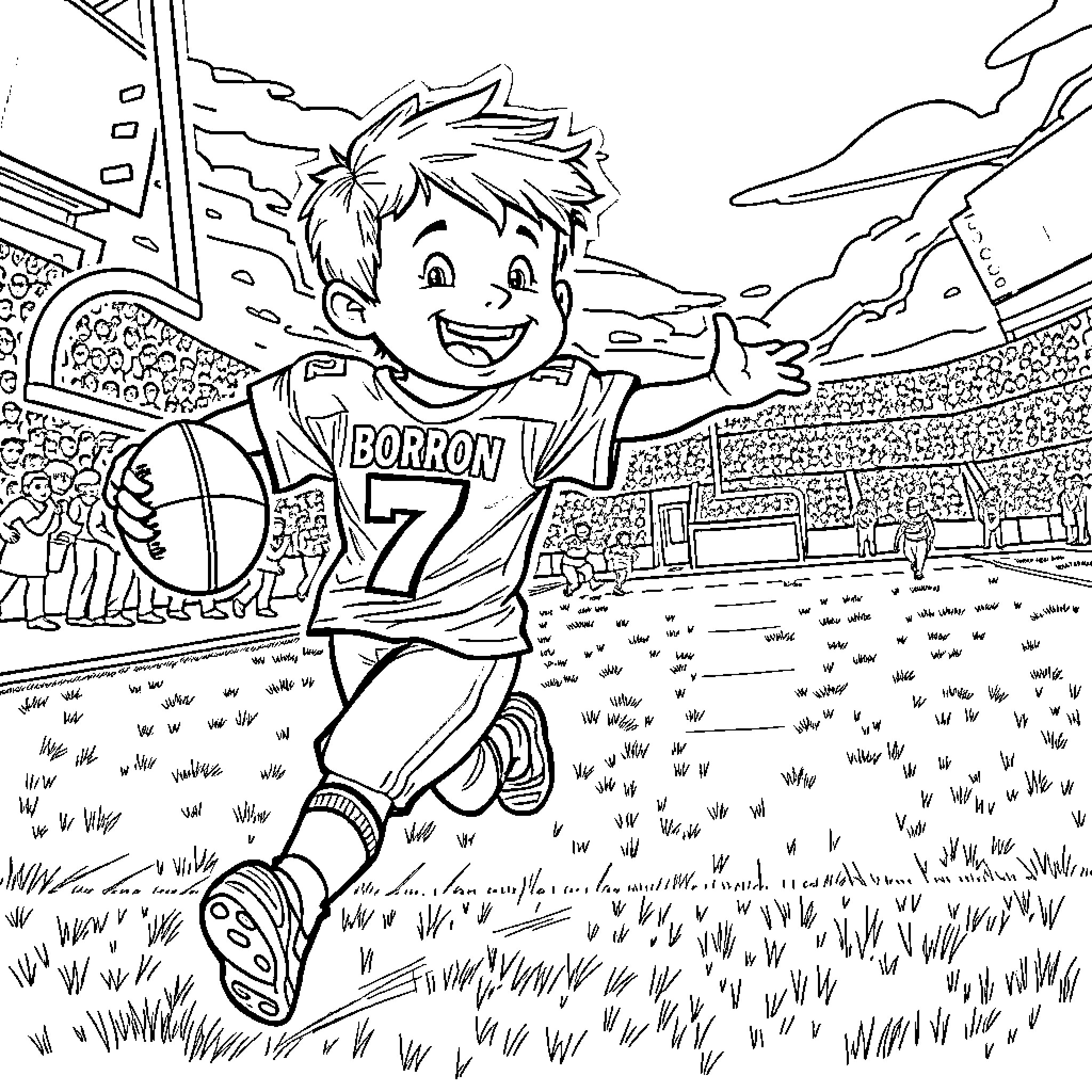 Kid Energetically Playing Basketball on the Field Coloring Page (free black-and-white line drawing printable PDF for all, from beginners to advanced learners, including children, teens, adults, and seniors)
