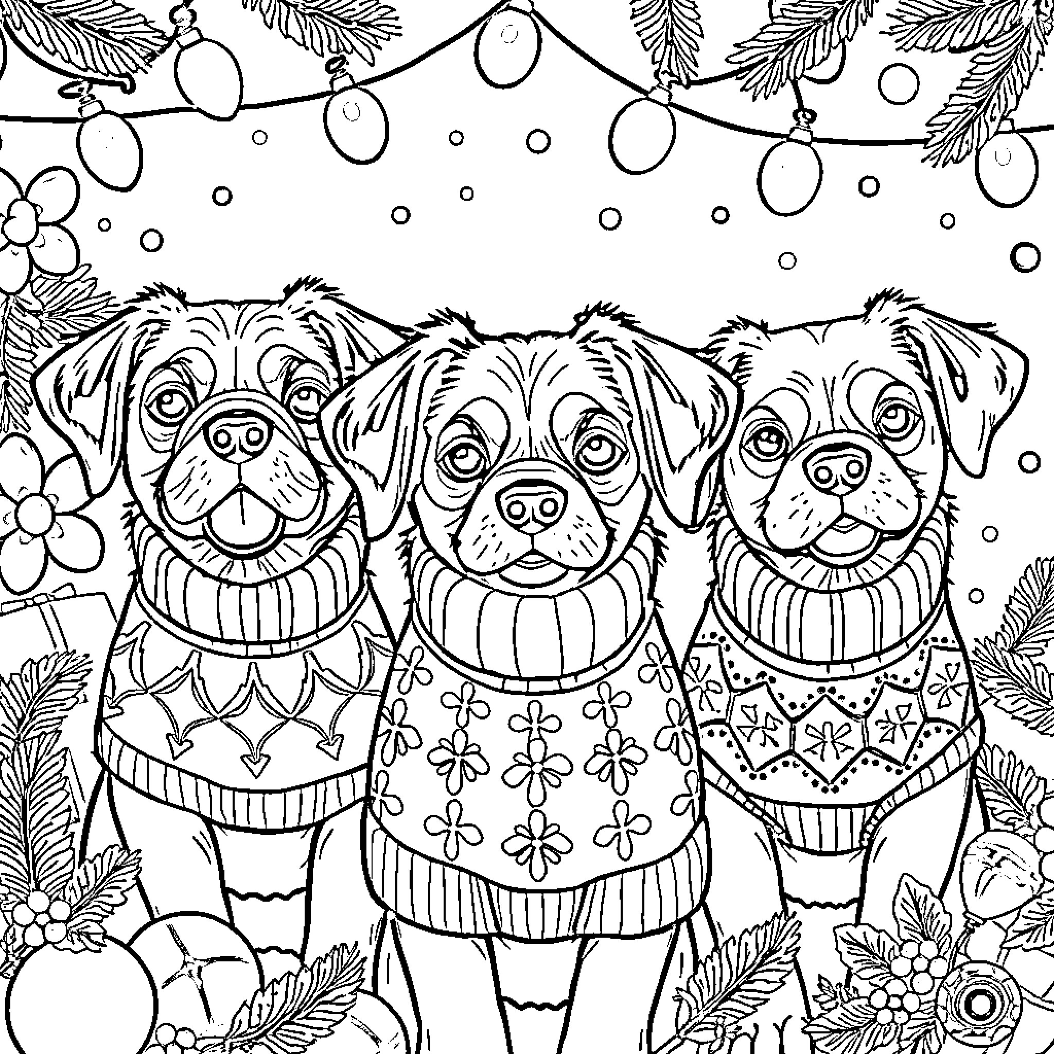 Dogs wearing sweaters in festive winter scene Coloring Page (free black-and-white line drawing printable PDF for all, from beginners to advanced learners, including children, teens, adults, and seniors)