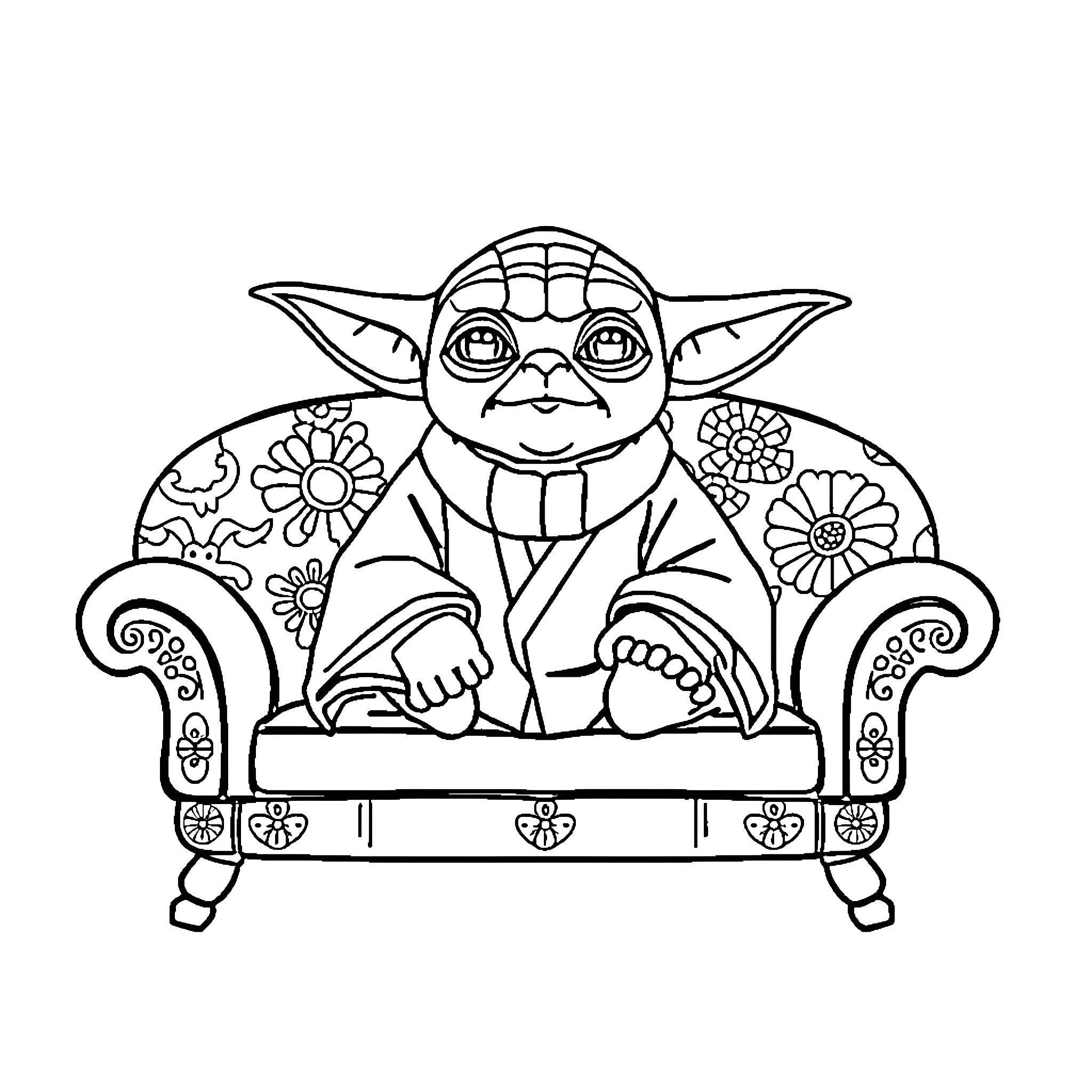 Yoda sitting on a decorative chair Coloring Page (free black-and-white line drawing printable PDF for all, from beginners to advanced learners, including children, teens, adults, and seniors)