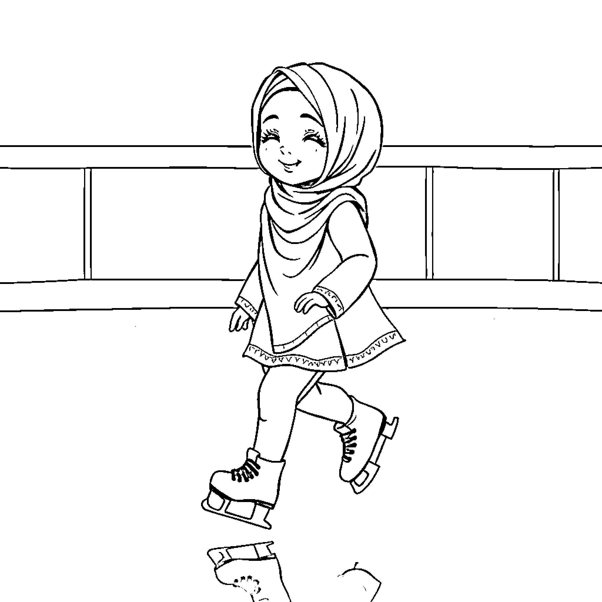 Muslim Girl Skating Happily on Ice Rink Coloring Page (free black-and-white line drawing printable PDF for all, from beginners to advanced learners, including children, teens, adults, and seniors)