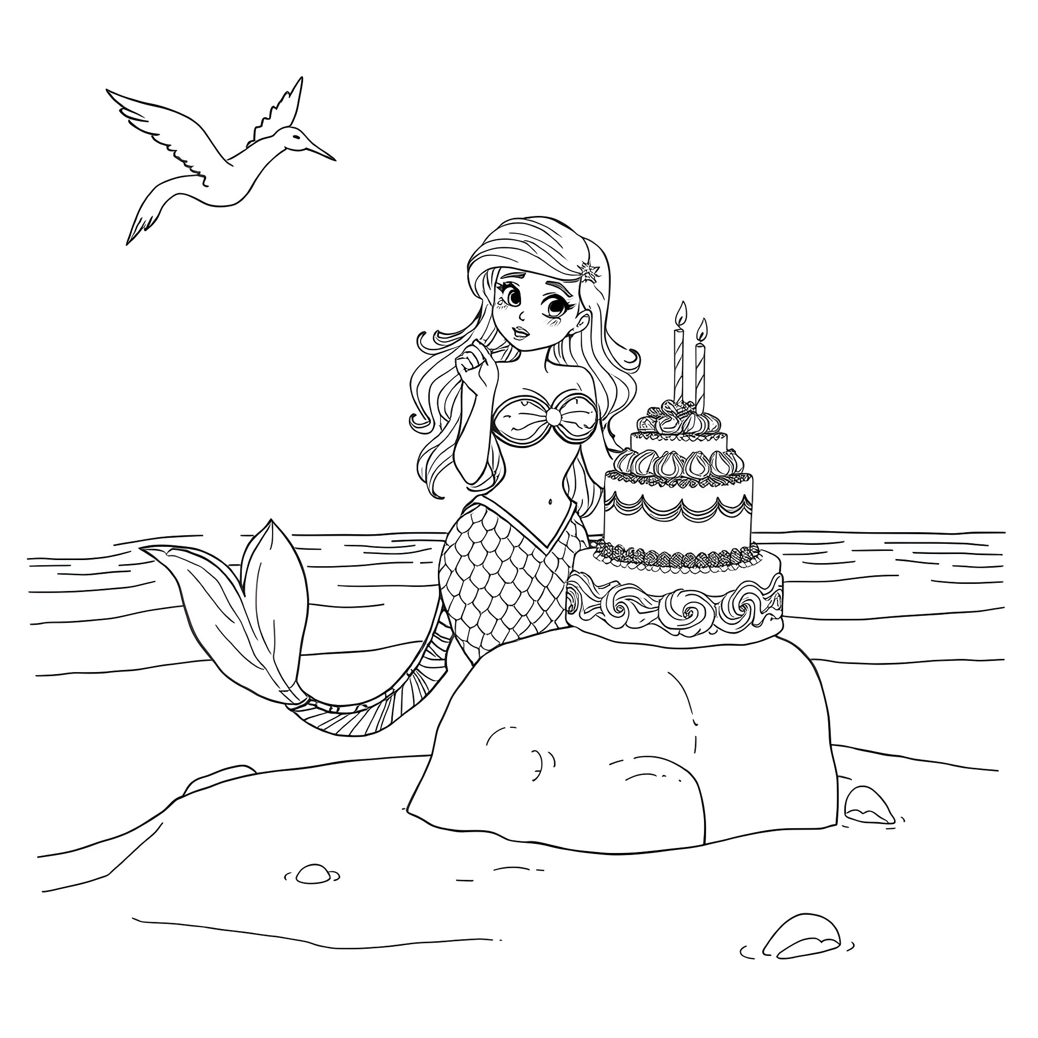 Mermaid Celebrates Birthday on the Beach Coloring Page (free black-and-white line drawing printable PDF for all, from beginners to advanced learners, including children, teens, adults, and seniors)