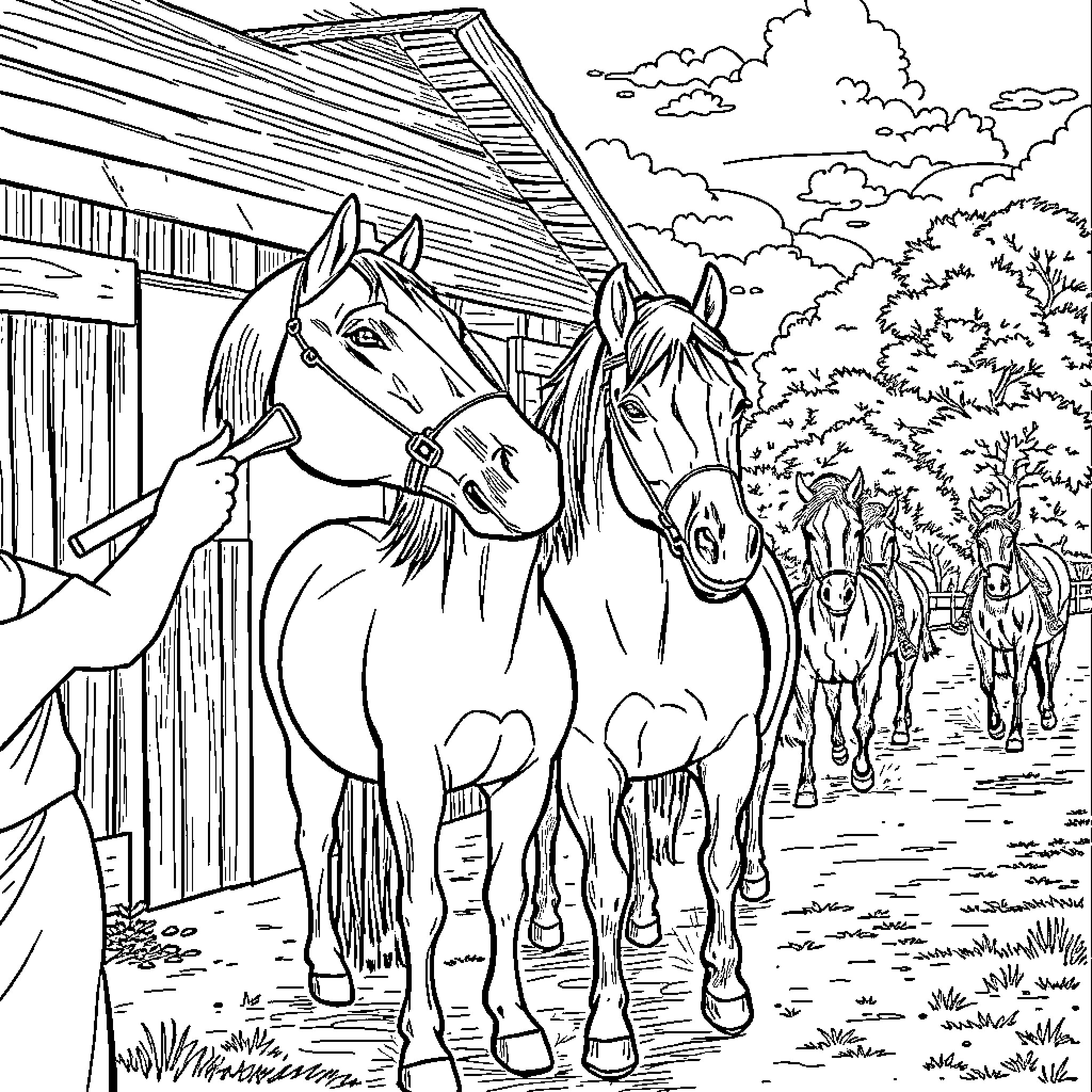 Horse farm with horses in the stable Coloring Page (free black-and-white line drawing printable PDF for all, from beginners to advanced learners, including children, teens, adults, and seniors)
