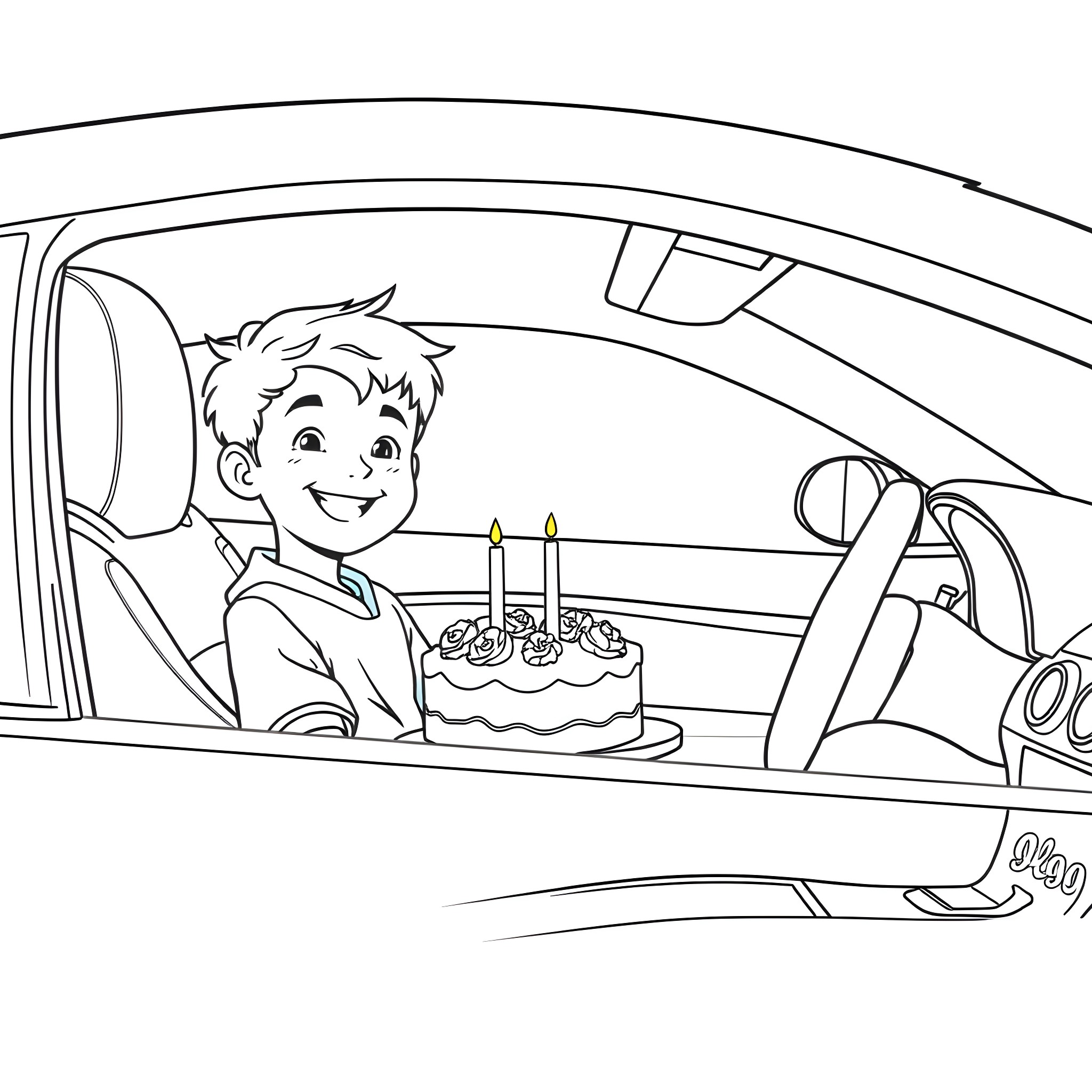 Boy celebrates birthday in car Coloring Page (free black-and-white line drawing printable PDF for all, from beginners to advanced learners, including children, teens, adults, and seniors)