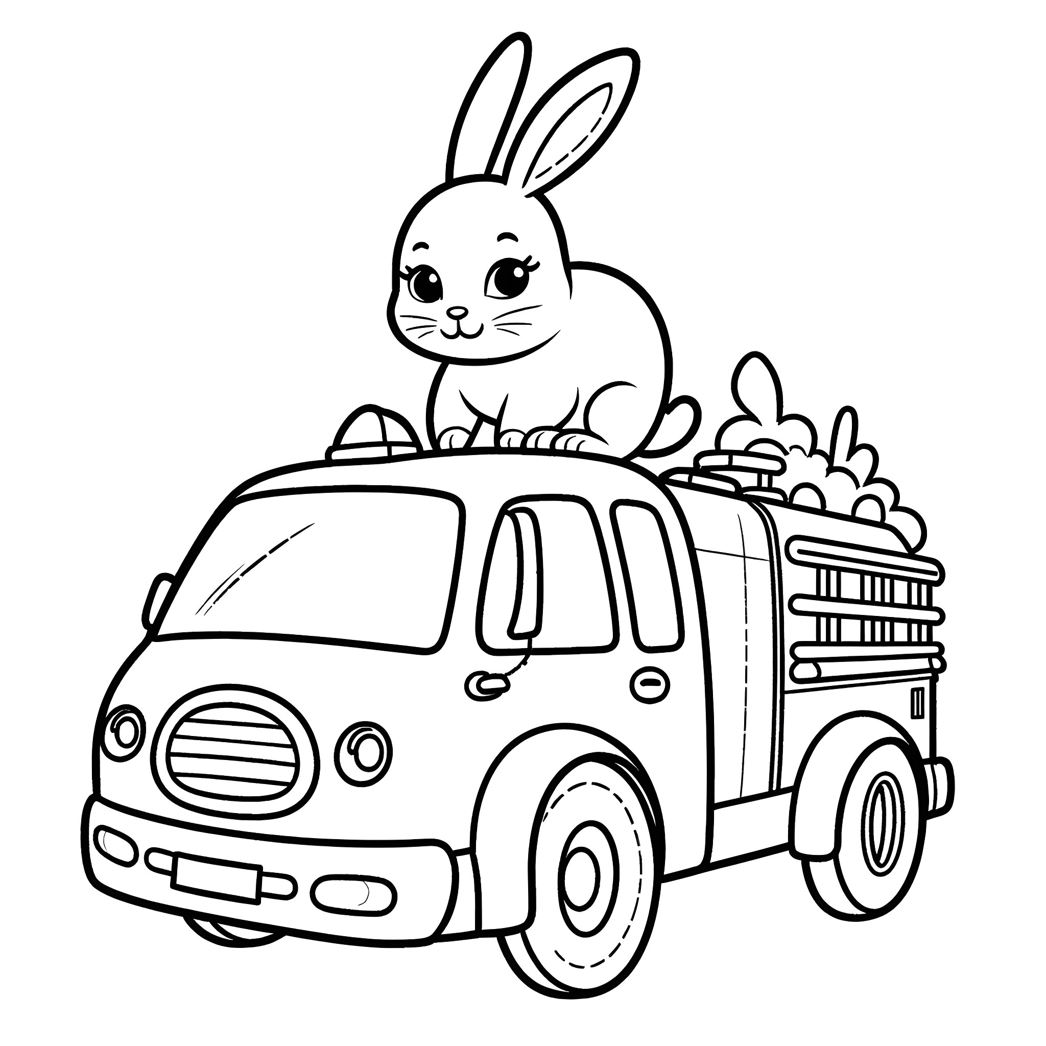 Fire Truck with Cute Bunny Riding Coloring Page (free black-and-white line drawing printable PDF for all, from beginners to advanced learners, including children, teens, adults, and seniors)