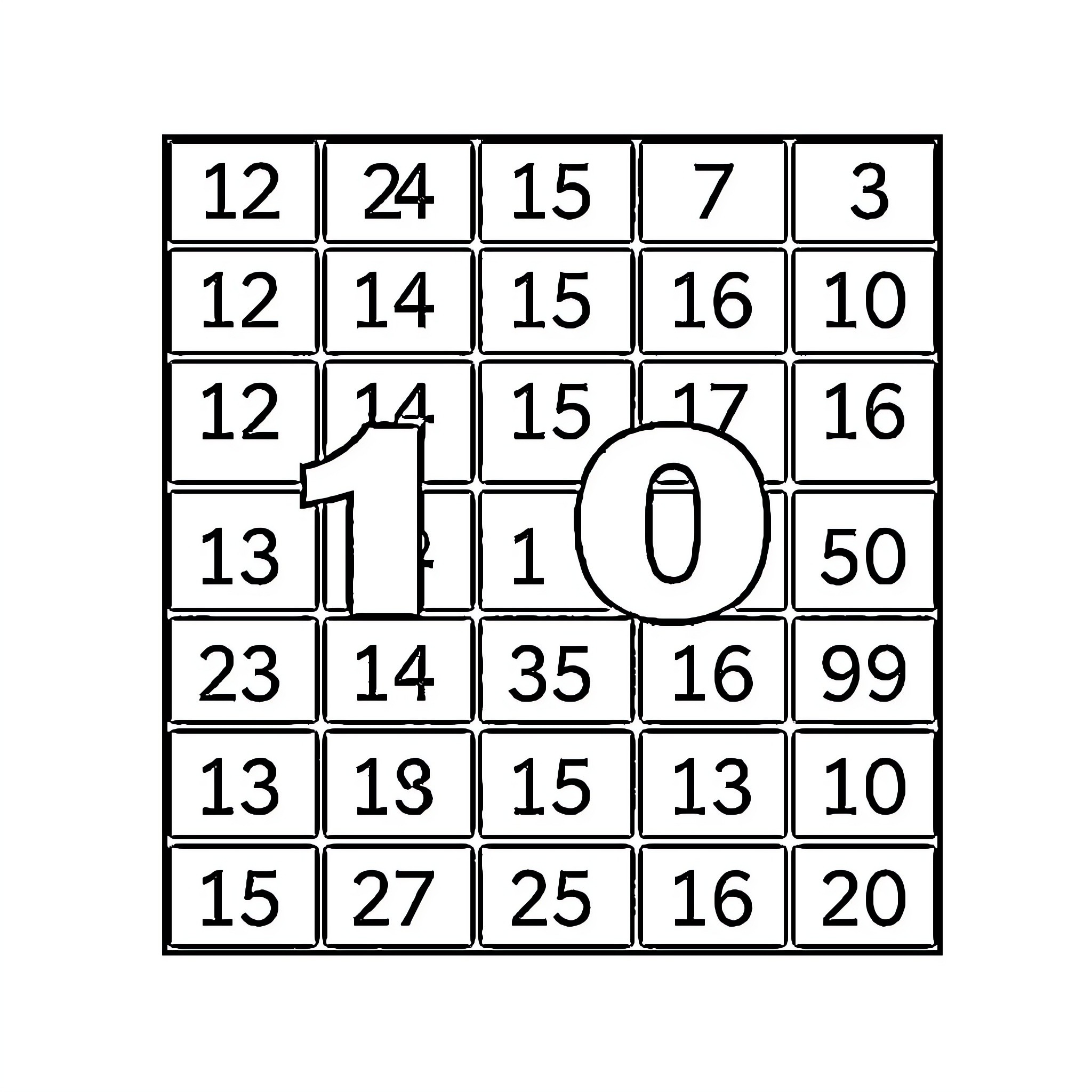 Number Grid Puzzle with Various Numerical Values Coloring Page (free black-and-white line drawing printable PDF for all, from beginners to advanced learners, including children, teens, adults, and seniors)