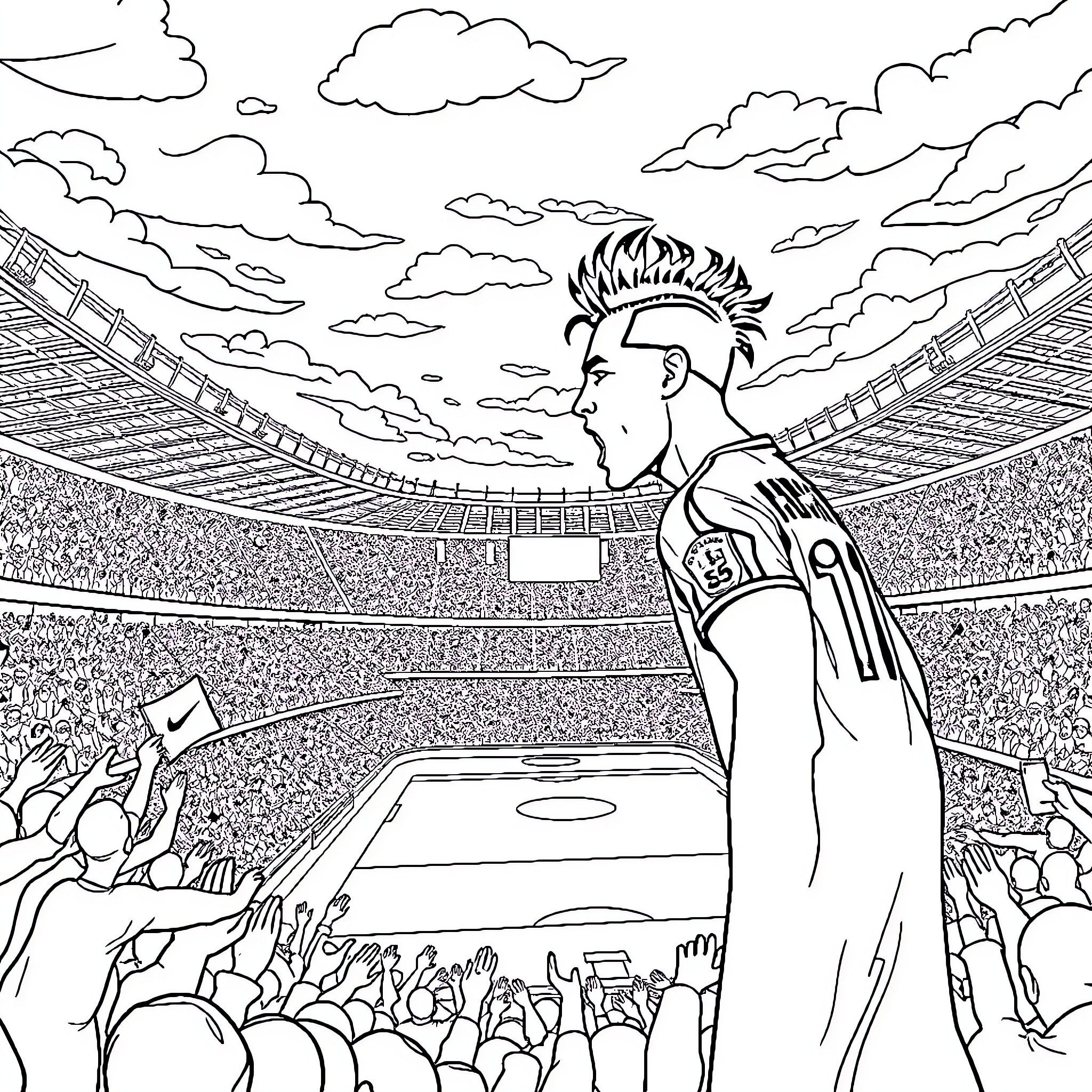 Neymar celebrating on the soccer field Coloring Page (free black-and-white line drawing printable PDF for all, from beginners to advanced learners, including children, teens, adults, and seniors)