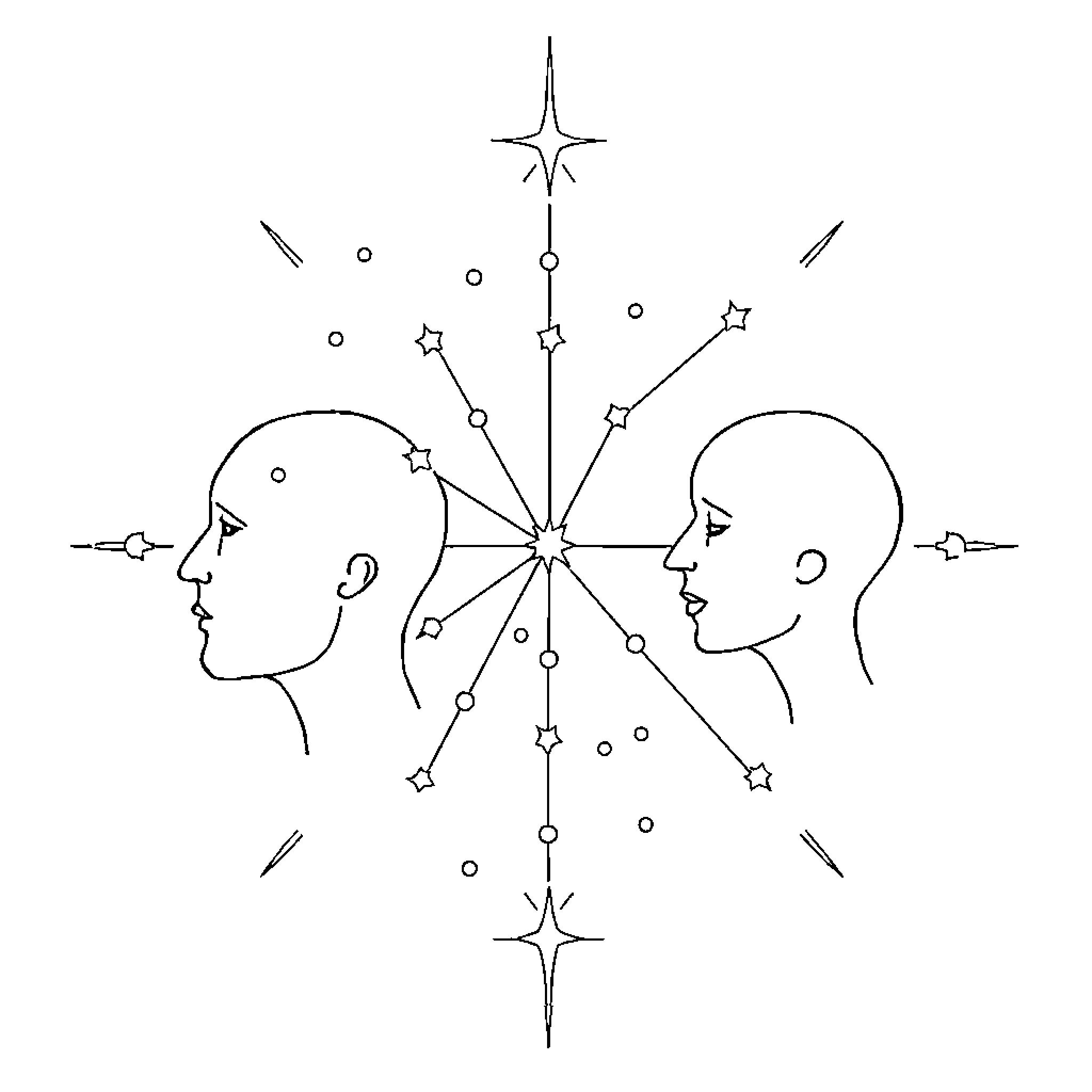 Constellation of Mystical Beings Coloring Page (free black-and-white line drawing printable PDF for all, from beginners to advanced learners, including children, teens, adults, and seniors)