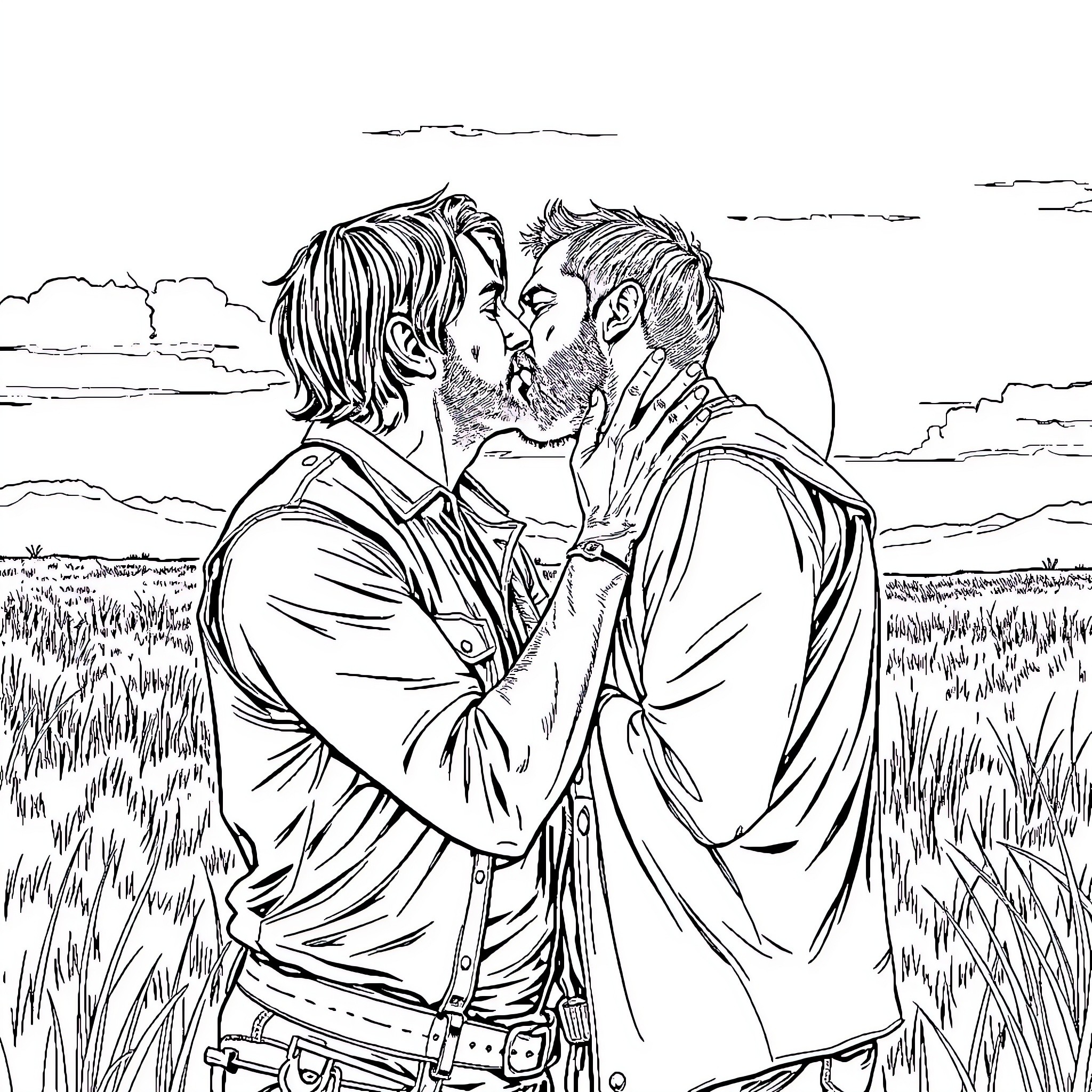 Daryl Dixon's tender embrace in the countryside Coloring Page (free black-and-white line drawing printable PDF for all, from beginners to advanced learners, including children, teens, adults, and seniors)