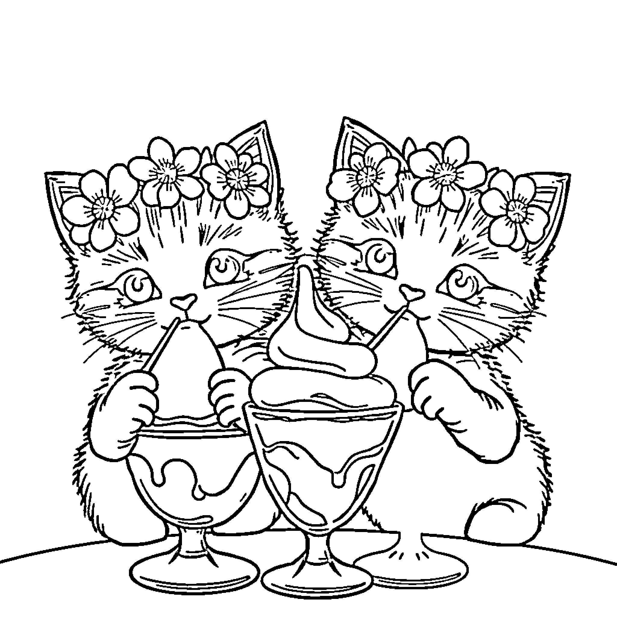 Kitty friends enjoying ice cream sundae together Coloring Page (free black-and-white line drawing printable PDF for all, from beginners to advanced learners, including children, teens, adults, and seniors)