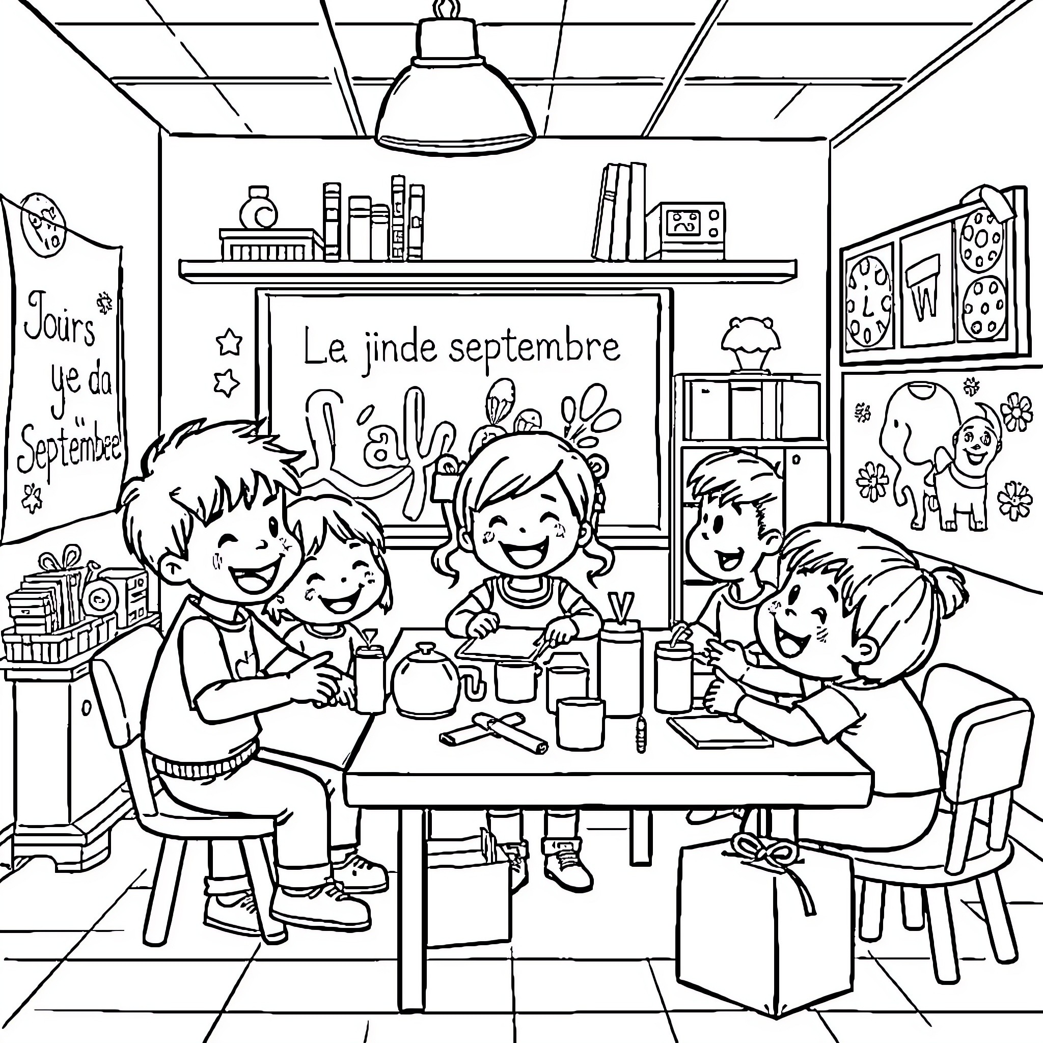 Class in Session with Children's Expressions and Activities Coloring Page (free black-and-white line drawing printable PDF for all, from beginners to advanced learners, including children, teens, adults, and seniors)