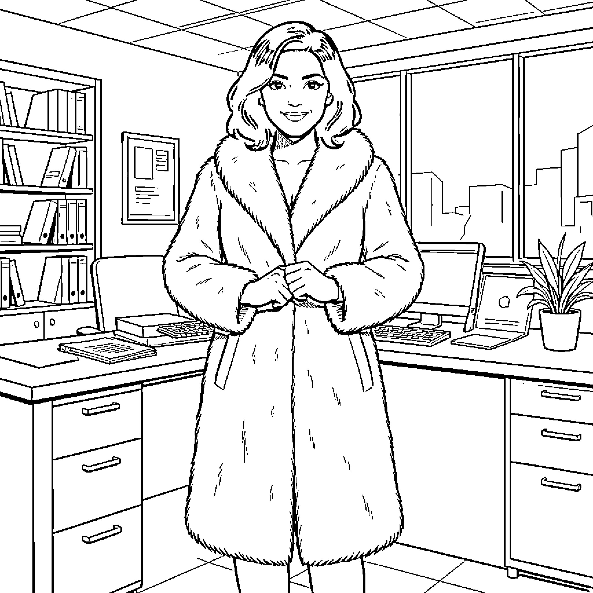 Woman wearing a fur coat standing in an office Coloring Page (free black-and-white line drawing printable PDF for all, from beginners to advanced learners, including children, teens, adults, and seniors)