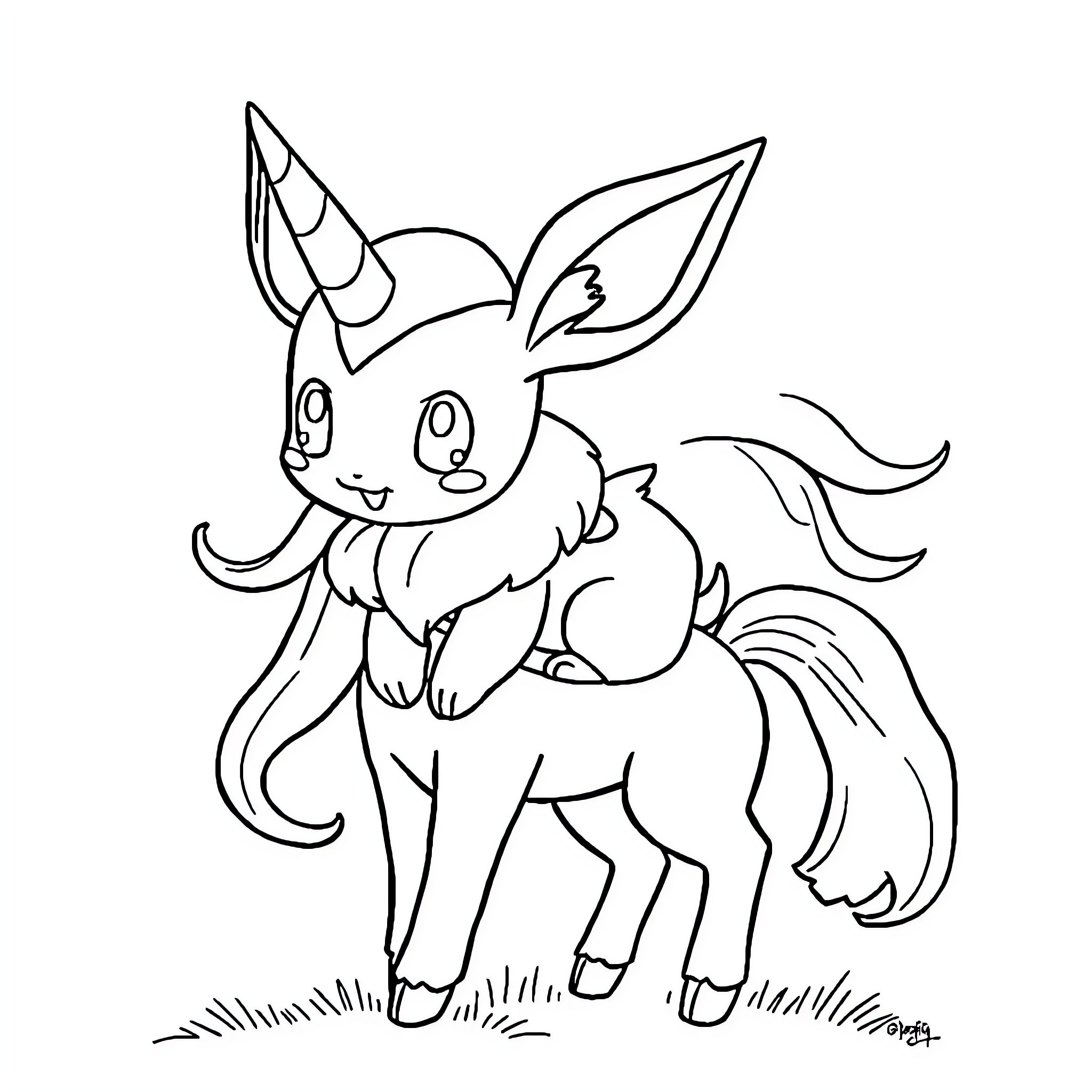 Eevee playing in the field Coloring Page (free black-and-white line drawing printable PDF for all, from beginners to advanced learners, including children, teens, adults, and seniors)