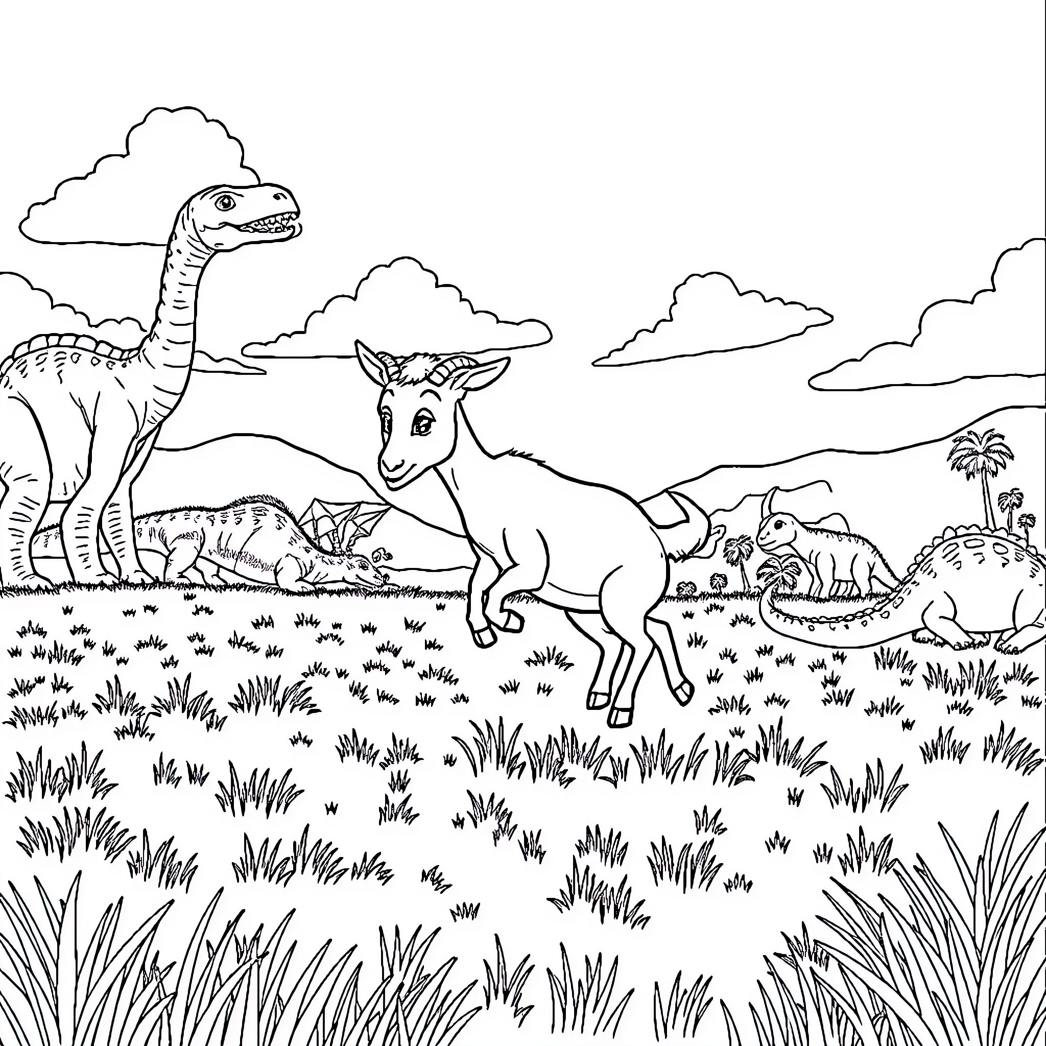 Goats and dinosaurs in a scenic landscape Coloring Page (free black-and-white line drawing printable PDF for all, from beginners to advanced learners, including children, teens, adults, and seniors)