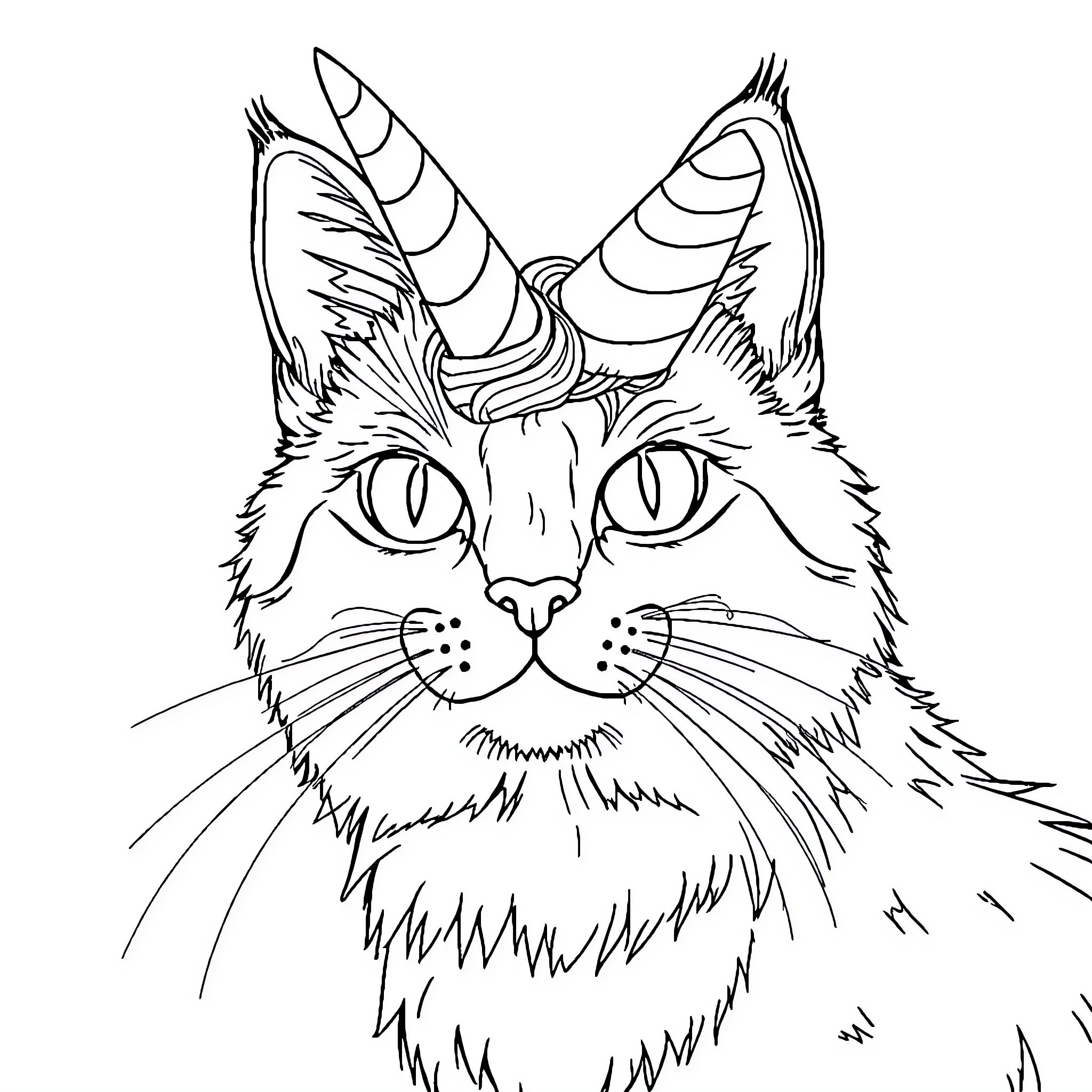 Unicorn Cat with Distinct Facial Features Coloring Page (free black-and-white line drawing printable PDF for all, from beginners to advanced learners, including children, teens, adults, and seniors)