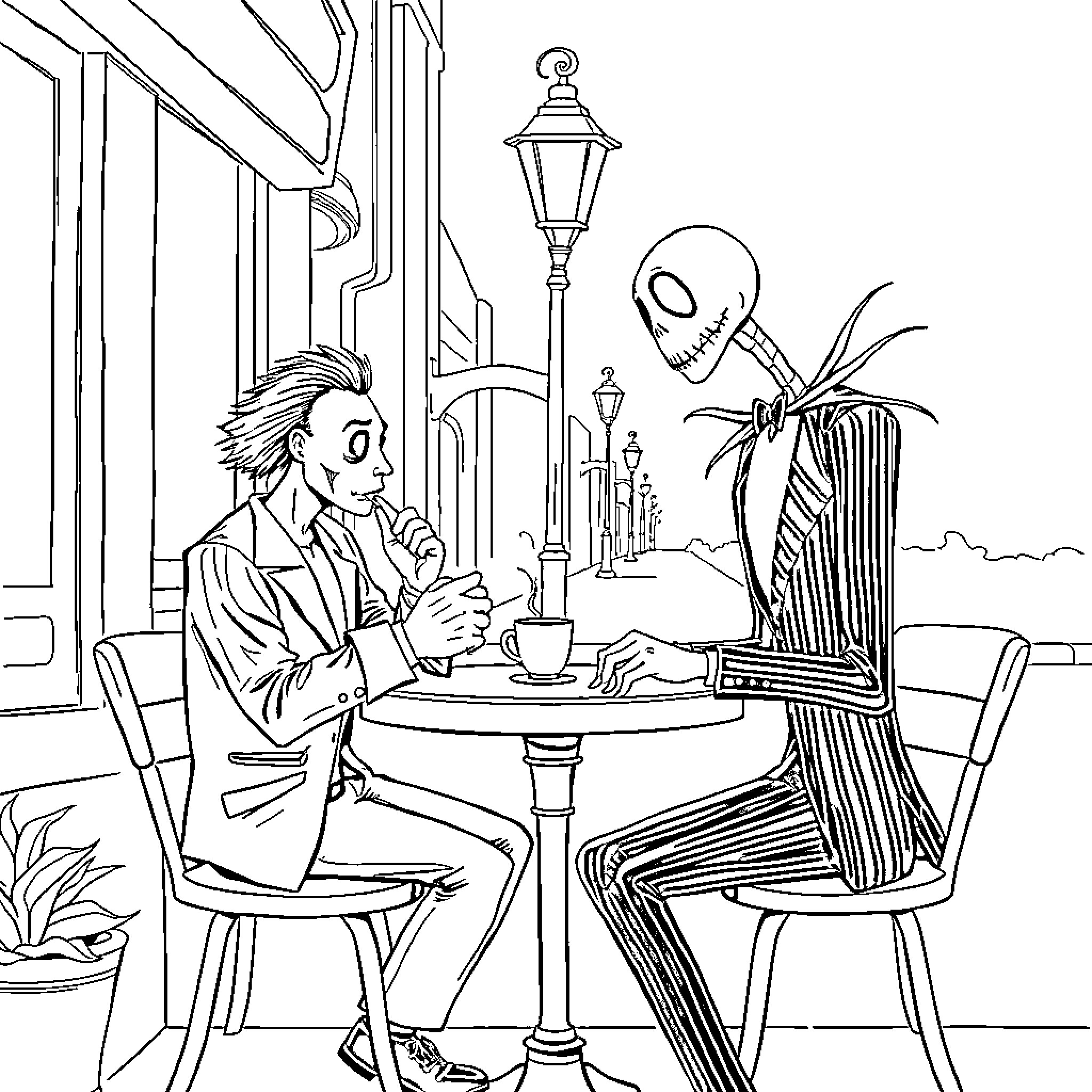 Michael Myers Has a Chilling Conversation at the Café Coloring Page (free black-and-white line drawing printable PDF for all, from beginners to advanced learners, including children, teens, adults, and seniors)
