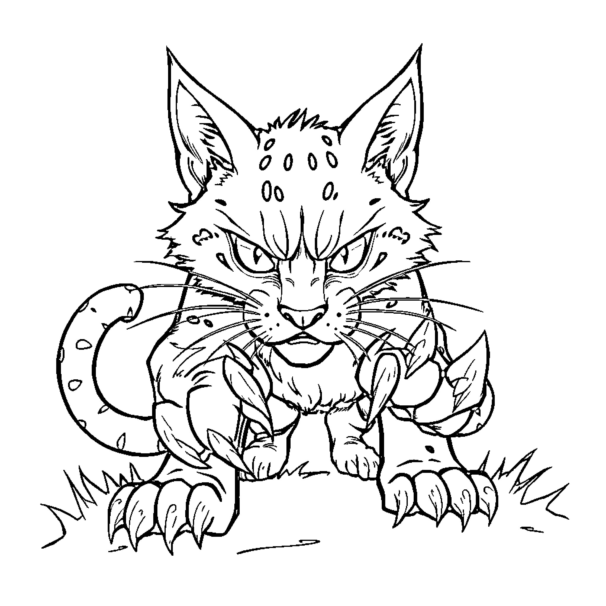 Cat with fierce claws and pointed ears Coloring Page (free black-and-white line drawing printable PDF for all, from beginners to advanced learners, including children, teens, adults, and seniors)