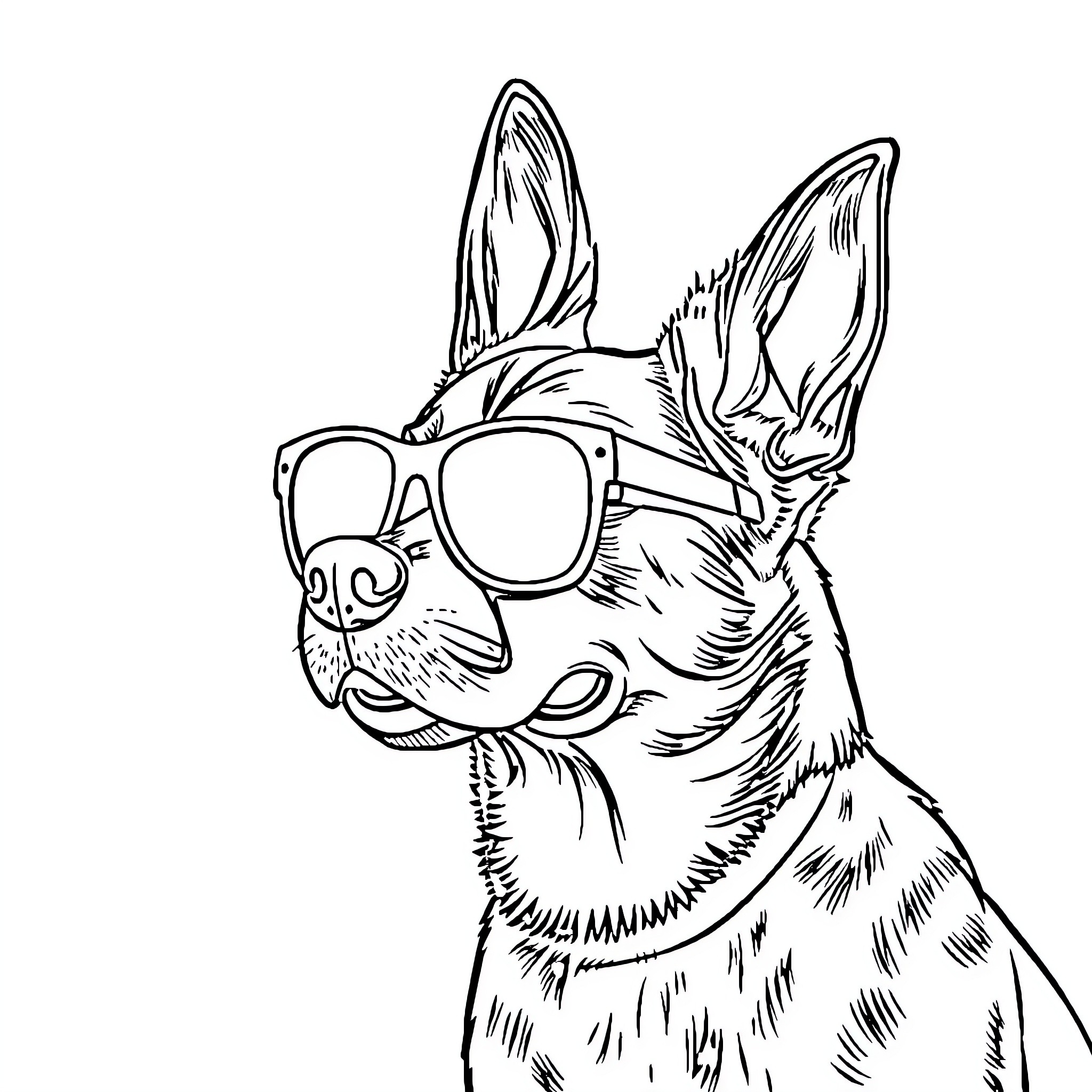 Blue Heeler wearing stylish sunglasses Coloring Page (free black-and-white line drawing printable PDF for all, from beginners to advanced learners, including children, teens, adults, and seniors)