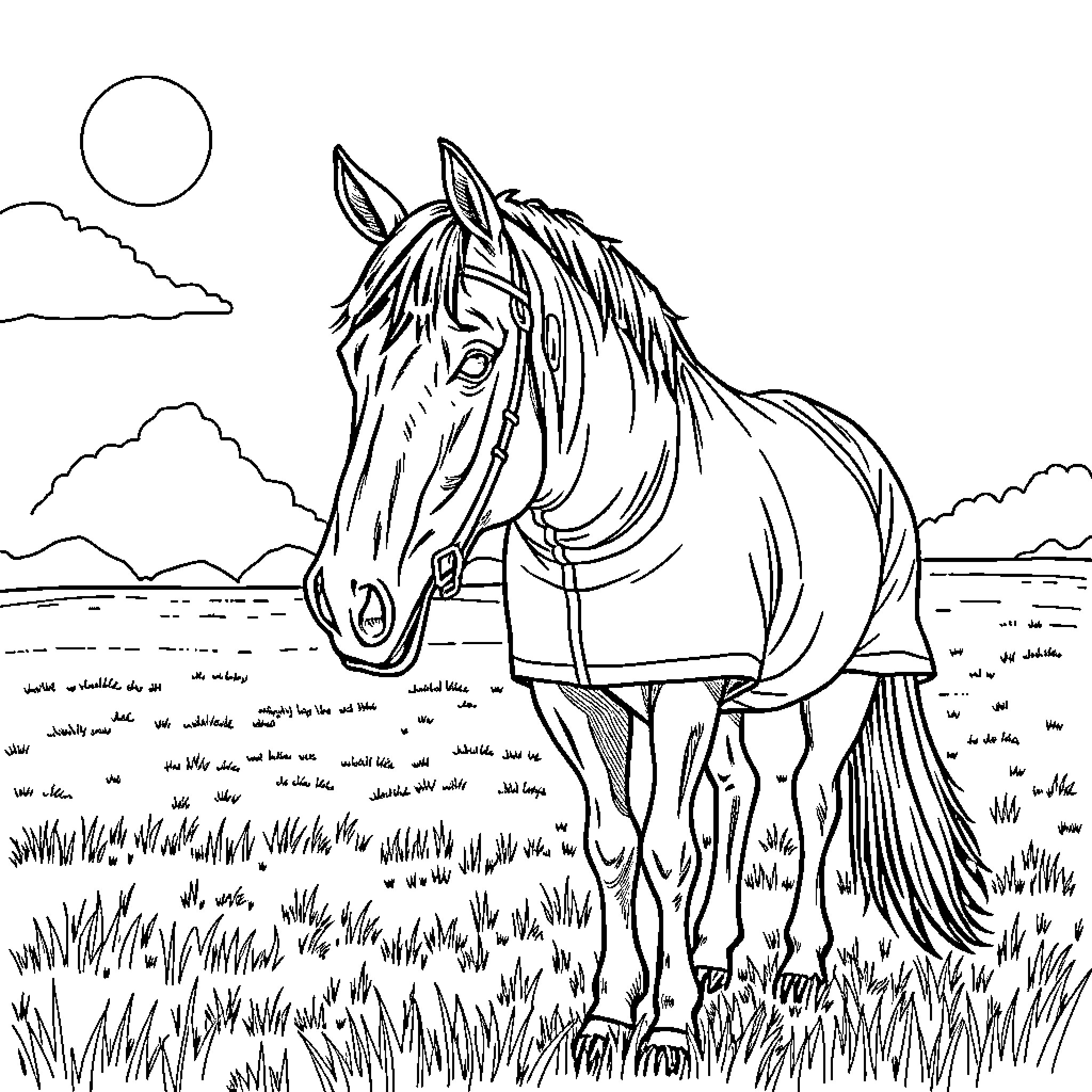 Horse grazing peacefully in a scenic landscape Coloring Page (free black-and-white line drawing printable PDF for all, from beginners to advanced learners, including children, teens, adults, and seniors)