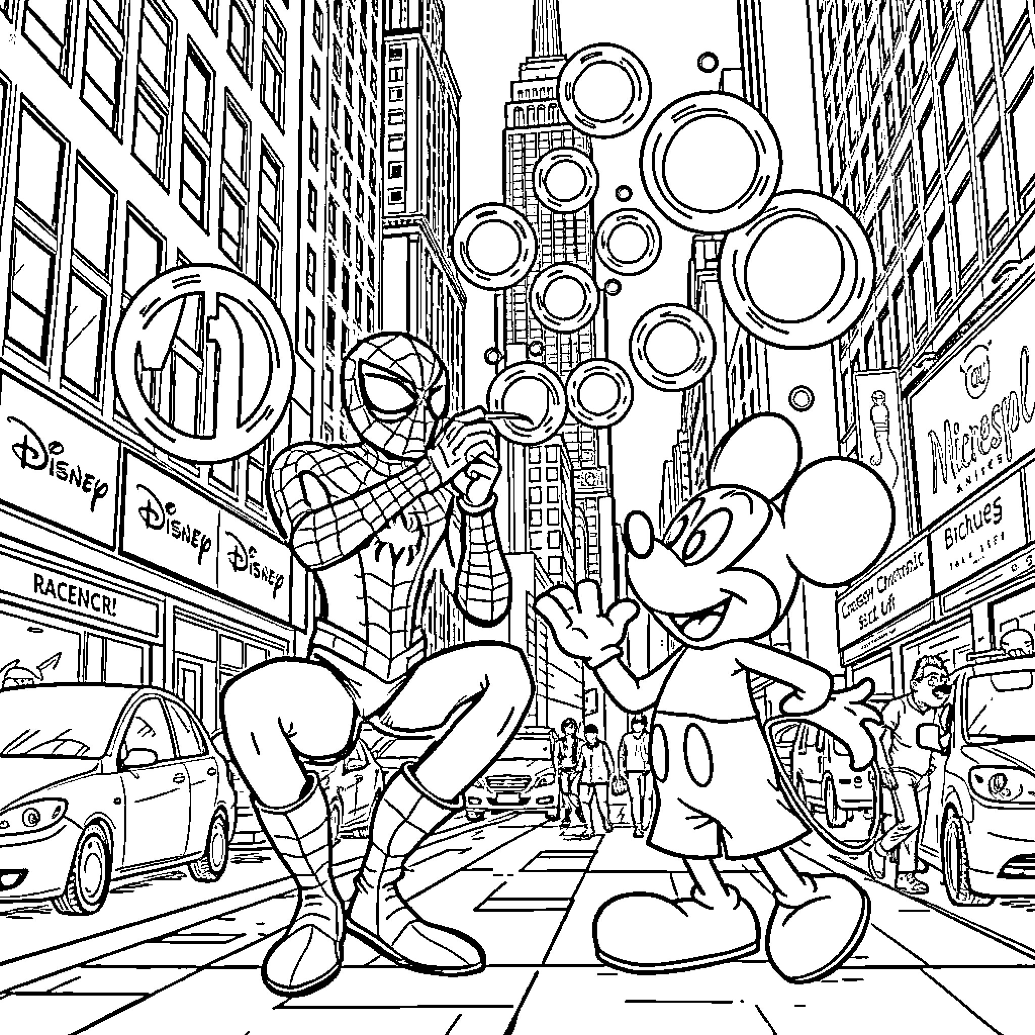 Spiderman and Mickey Mouse in a bustling city scene Coloring Page (free black-and-white line drawing printable PDF for all, from beginners to advanced learners, including children, teens, adults, and seniors)