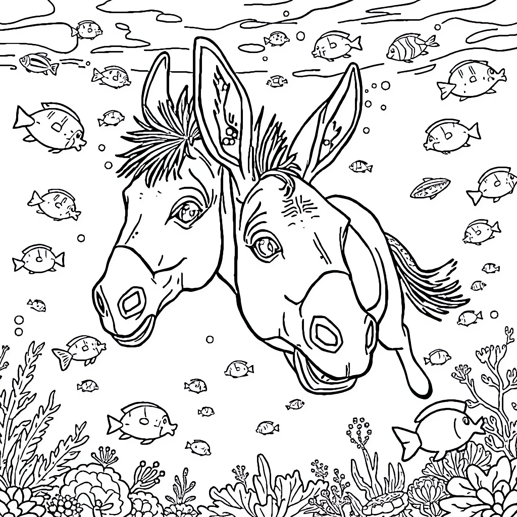 Donkey swimming with colorful fish in the ocean Coloring Page (free black-and-white line drawing printable PDF for all, from beginners to advanced learners, including children, teens, adults, and seniors)