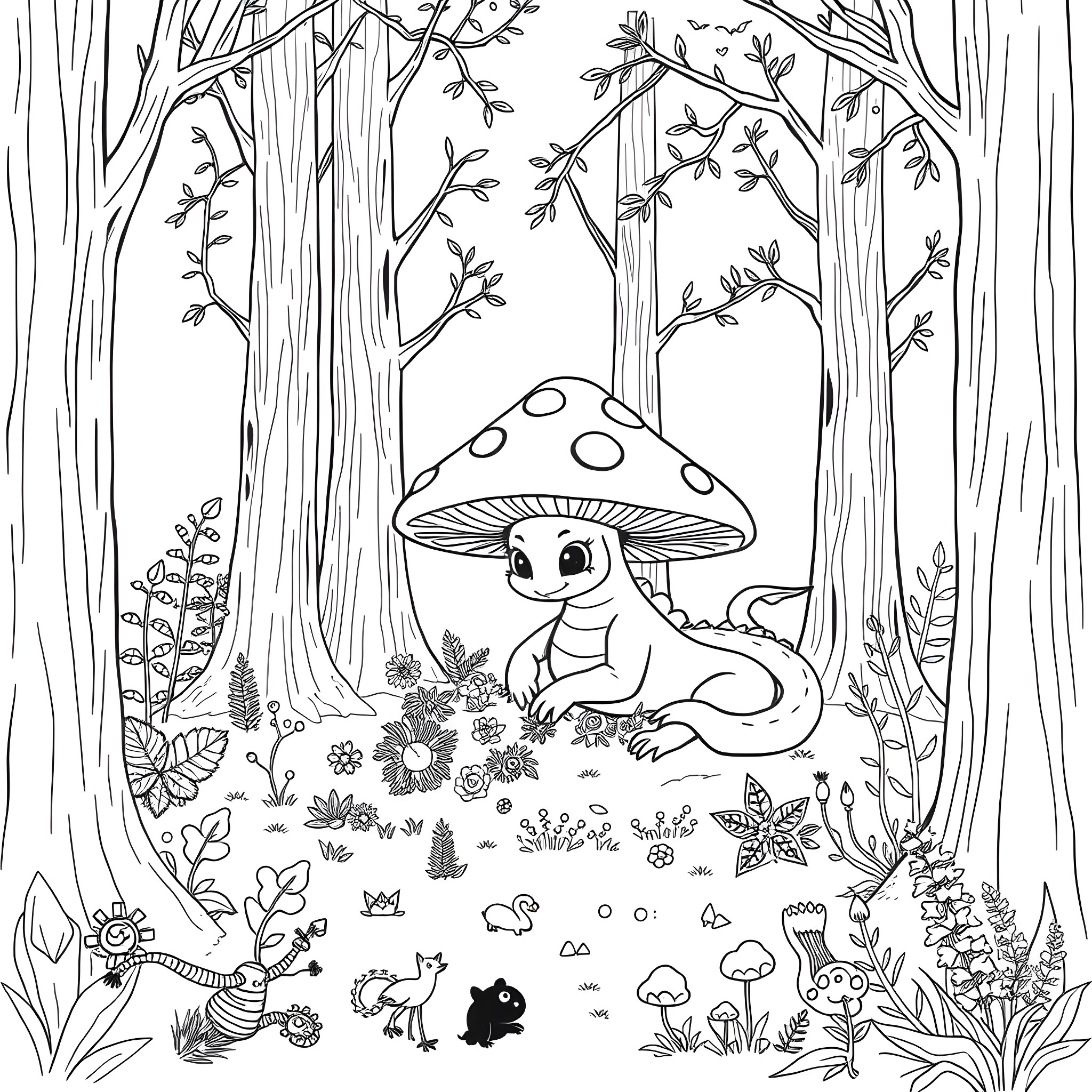 Mushroom Dragon in a Magical Forest Coloring Page (free black-and-white line drawing printable PDF for all, from beginners to advanced learners, including children, teens, adults, and seniors)