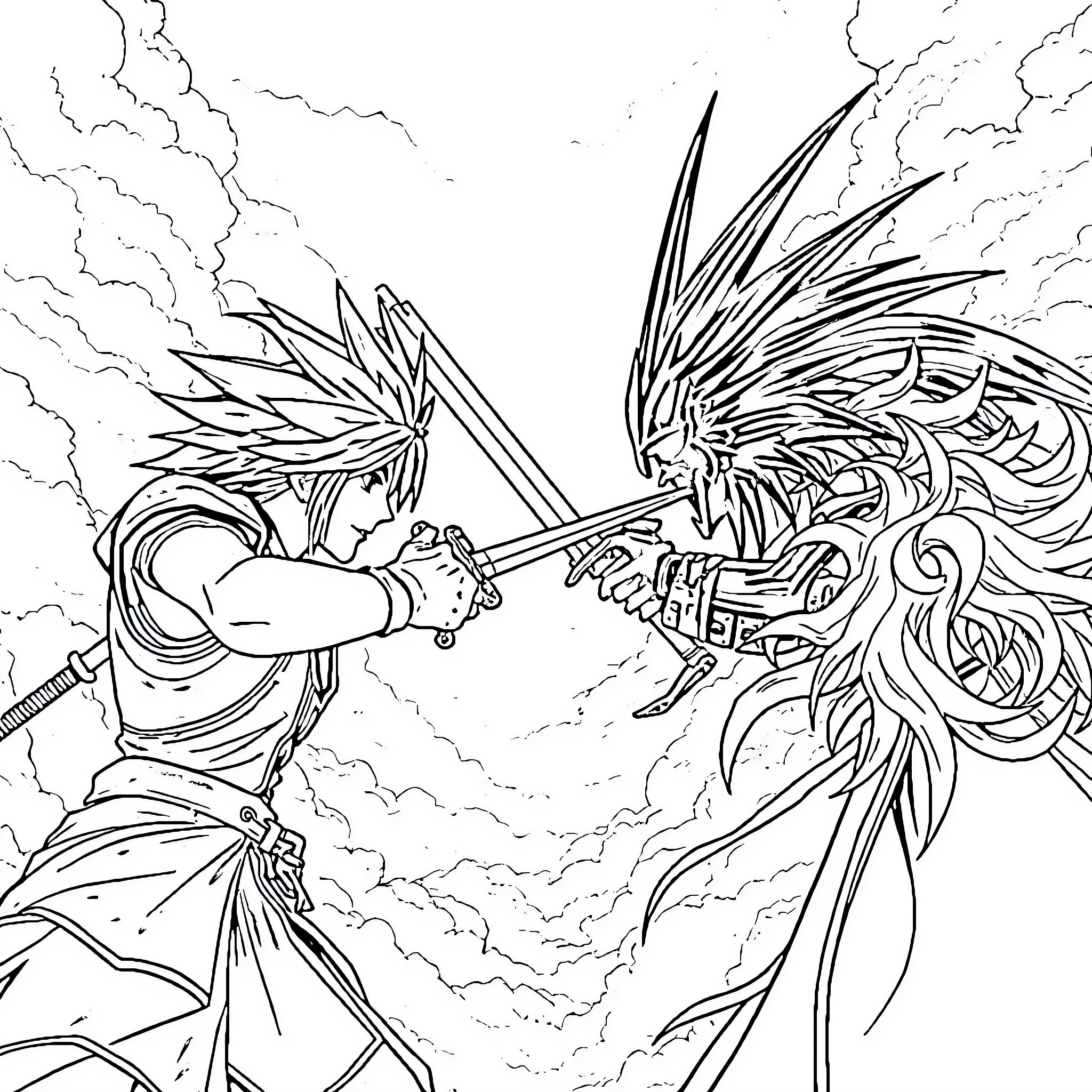 Cloud Strife battling a fierce monster in an intense scene Coloring Page (free black-and-white line drawing printable PDF for all, from beginners to advanced learners, including children, teens, adults, and seniors)
