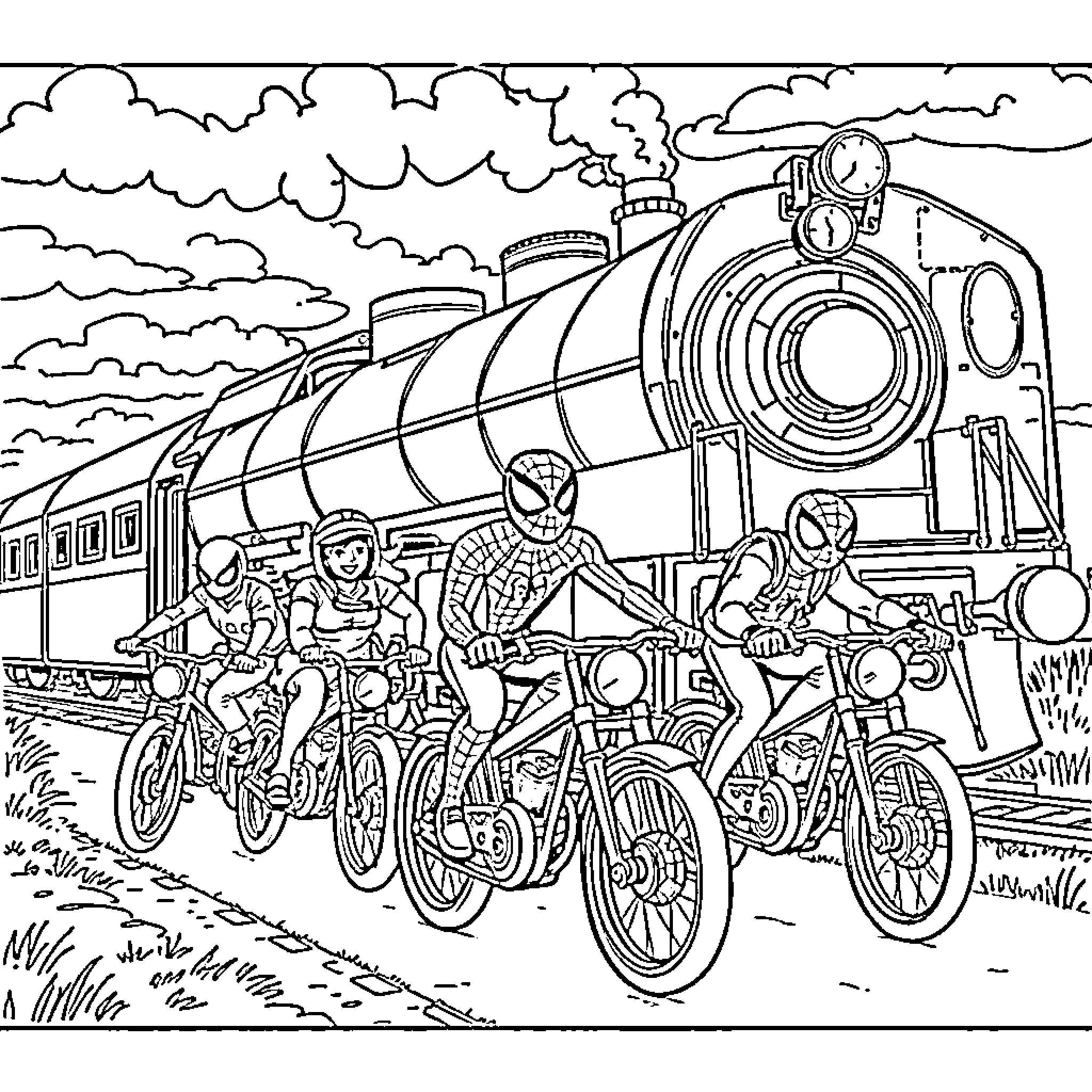 Spidey characters on bikes chasing a train Coloring Page (free black-and-white line drawing printable PDF for all, from beginners to advanced learners, including children, teens, adults, and seniors)