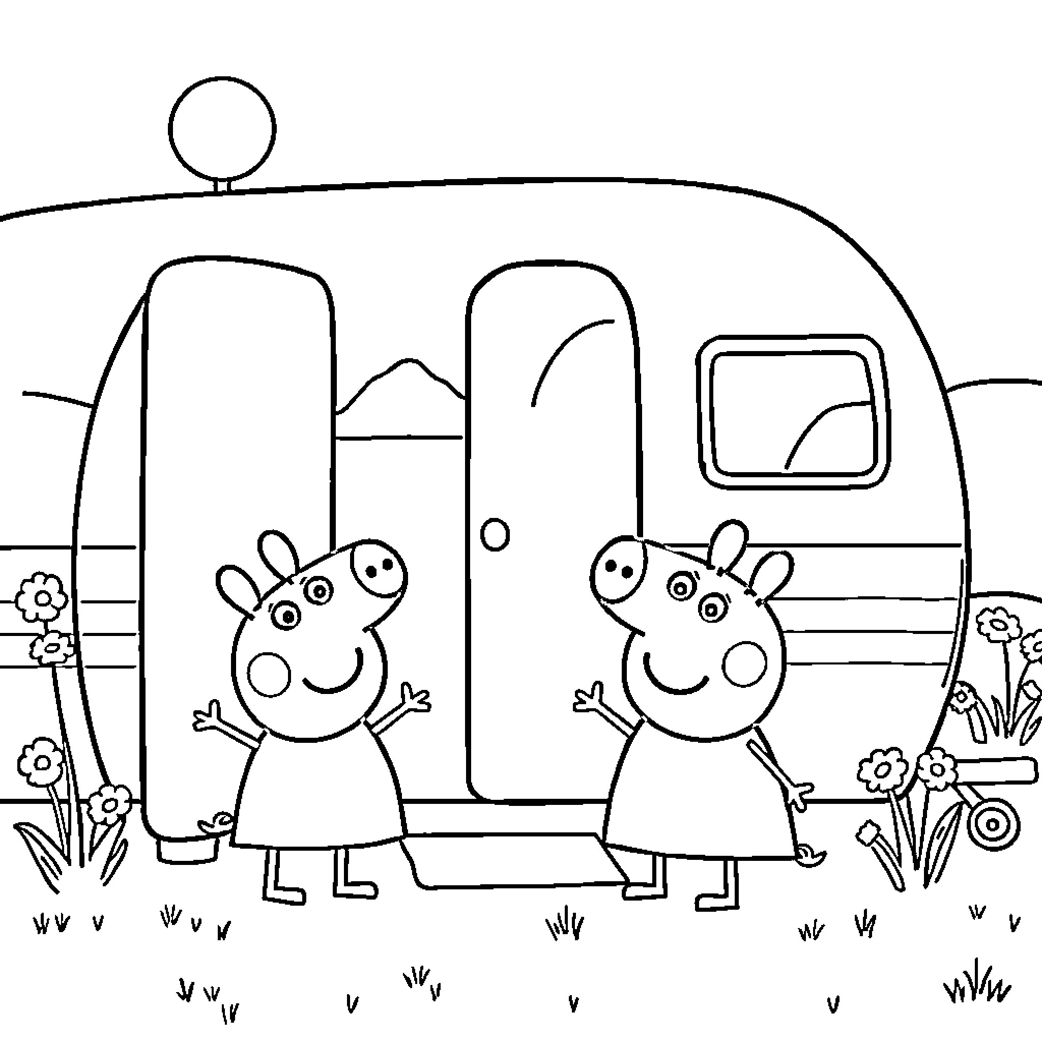 Peppa Pig and friends enjoying an outdoor adventure Coloring Page (free black-and-white line drawing printable PDF for all, from beginners to advanced learners, including children, teens, adults, and seniors)