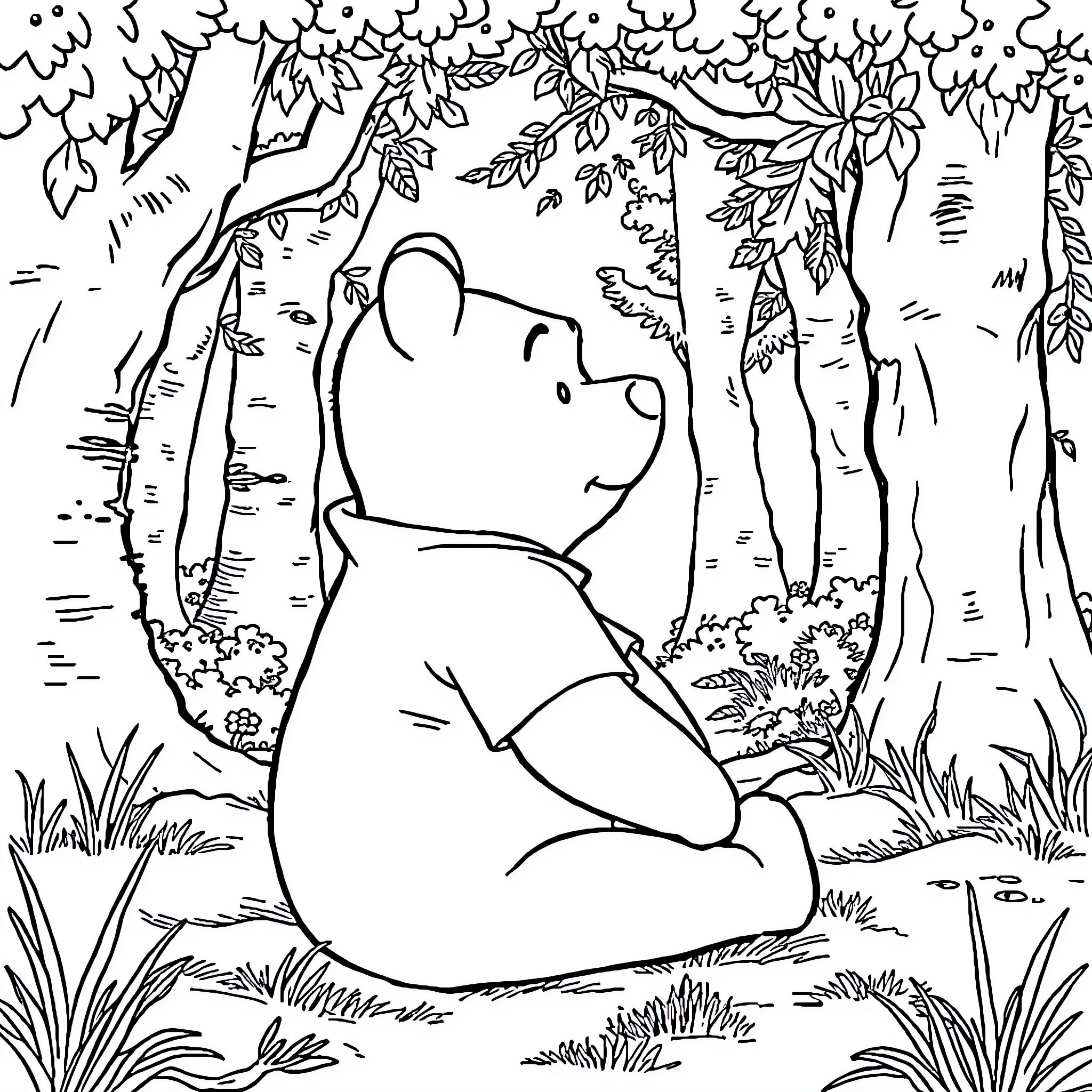 Winnie The Pooh sitting peacefully in the forest Coloring Page (free black-and-white line drawing printable PDF for all, from beginners to advanced learners, including children, teens, adults, and seniors)