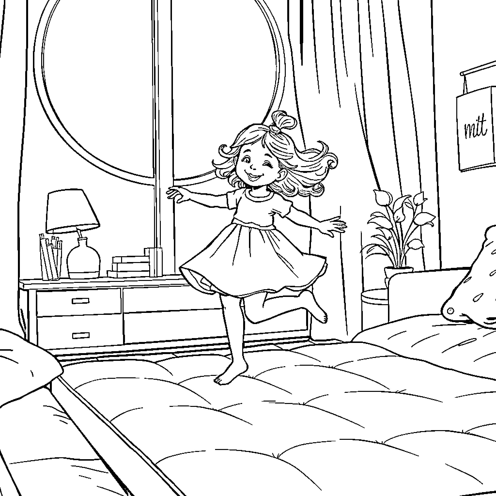 Fille happily dancing in her bedroom Coloring Page (free black-and-white line drawing printable PDF for all, from beginners to advanced learners, including children, teens, adults, and seniors)