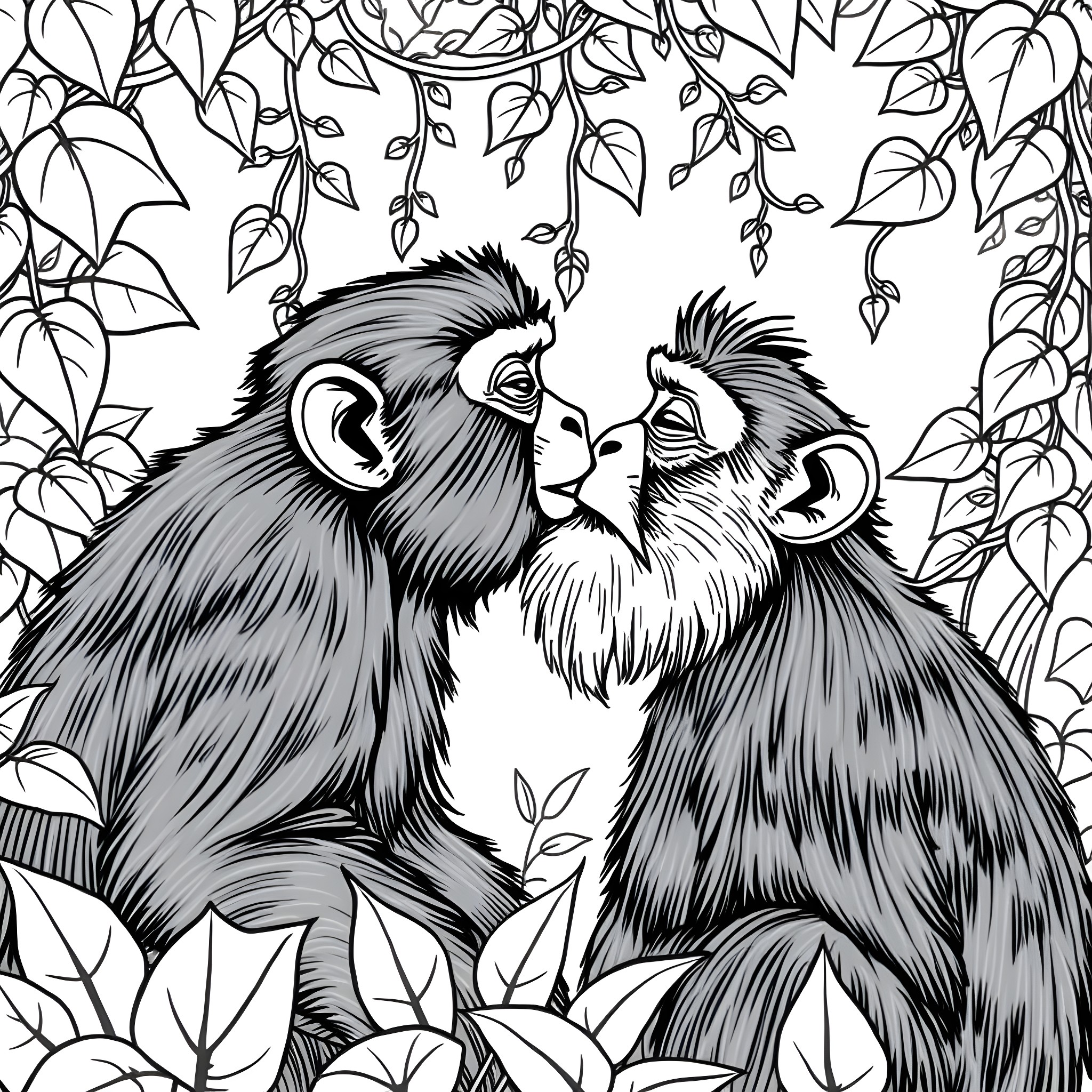 Monkey couple sharing affectionate moment in nature Coloring Page (free black-and-white line drawing printable PDF for all, from beginners to advanced learners, including children, teens, adults, and seniors)