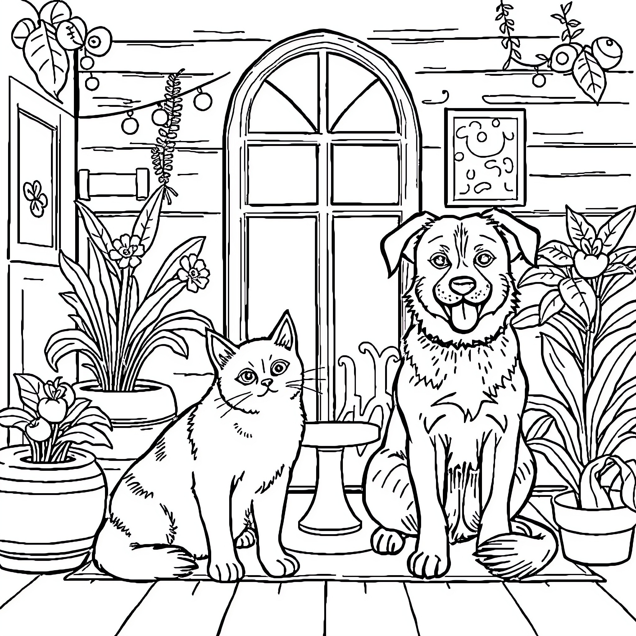 Cat and dog enjoying the cozy home interior Coloring Page (free black-and-white line drawing printable PDF for all, from beginners to advanced learners, including children, teens, adults, and seniors)