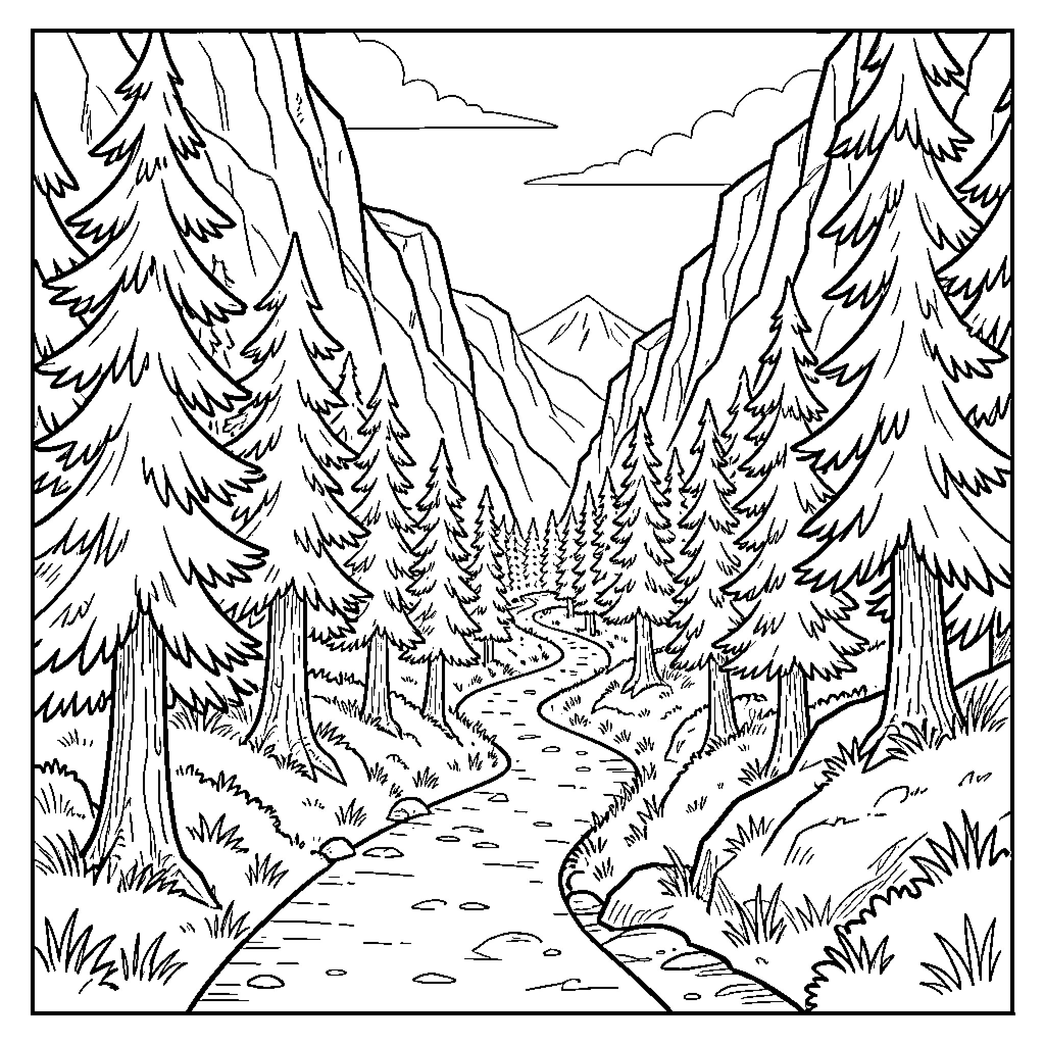 Trail through the Majestic Mountain Forest Coloring Page (free black-and-white line drawing printable PDF for all, from beginners to advanced learners, including children, teens, adults, and seniors)
