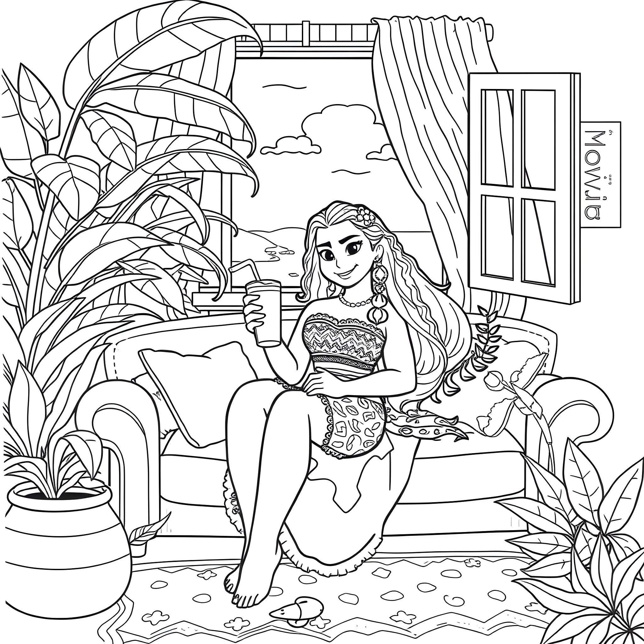 Moana enjoying a relaxing day at home Coloring Page (free black-and-white line drawing printable PDF for all, from beginners to advanced learners, including children, teens, adults, and seniors)